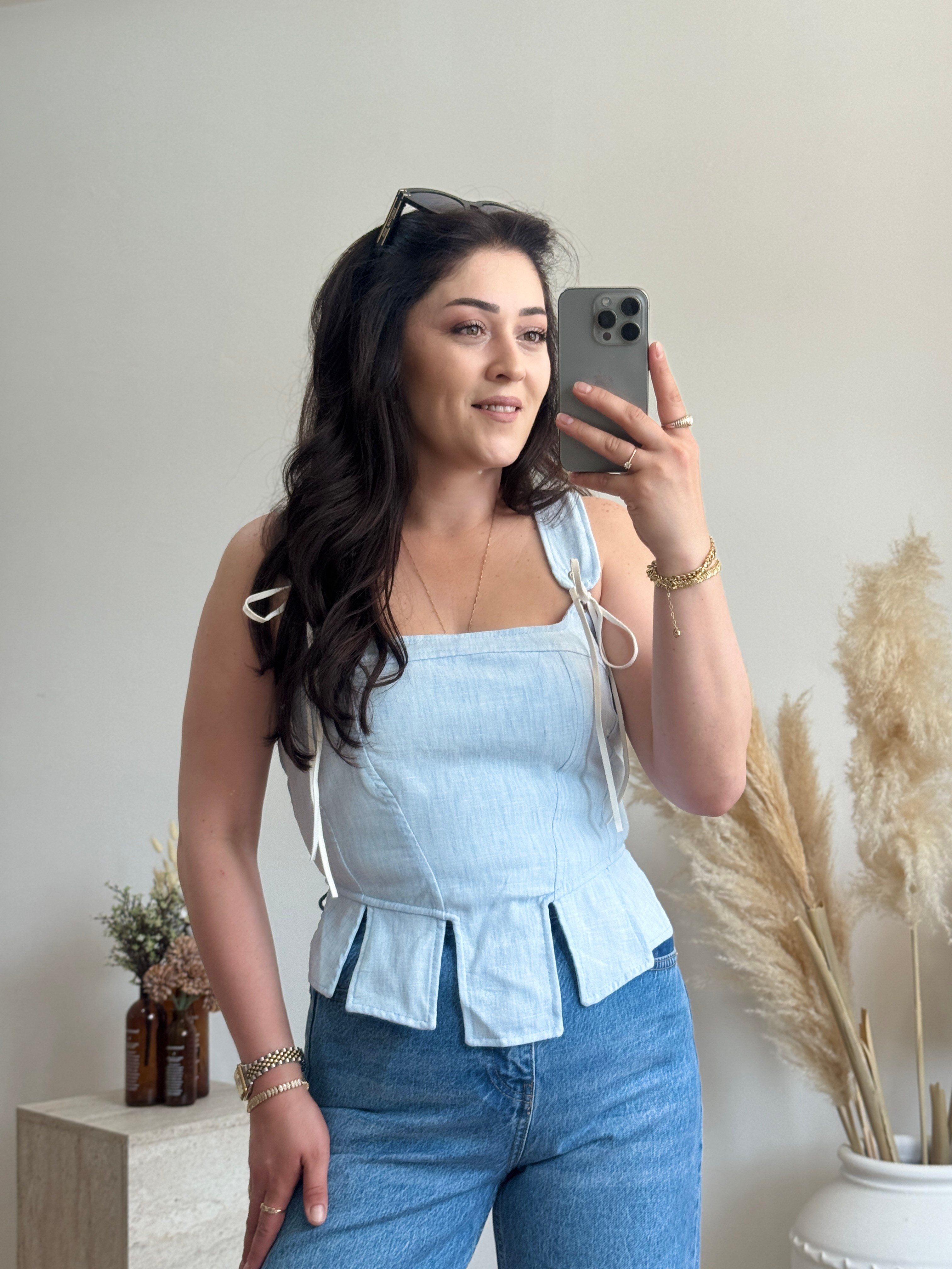 Korse Detaylı Poplin Bluz-Mavi