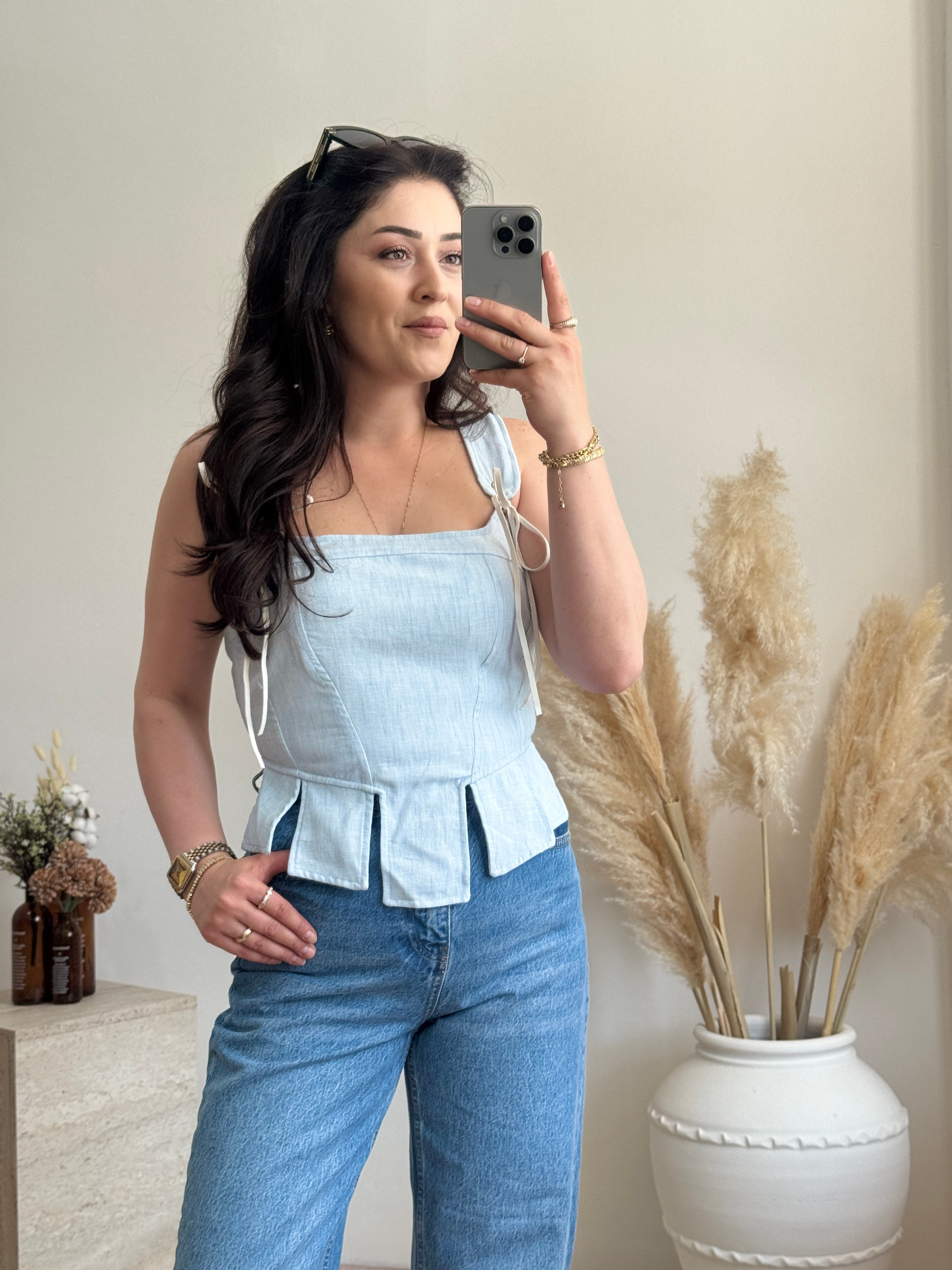 Korse Detaylı Poplin Bluz-Mavi