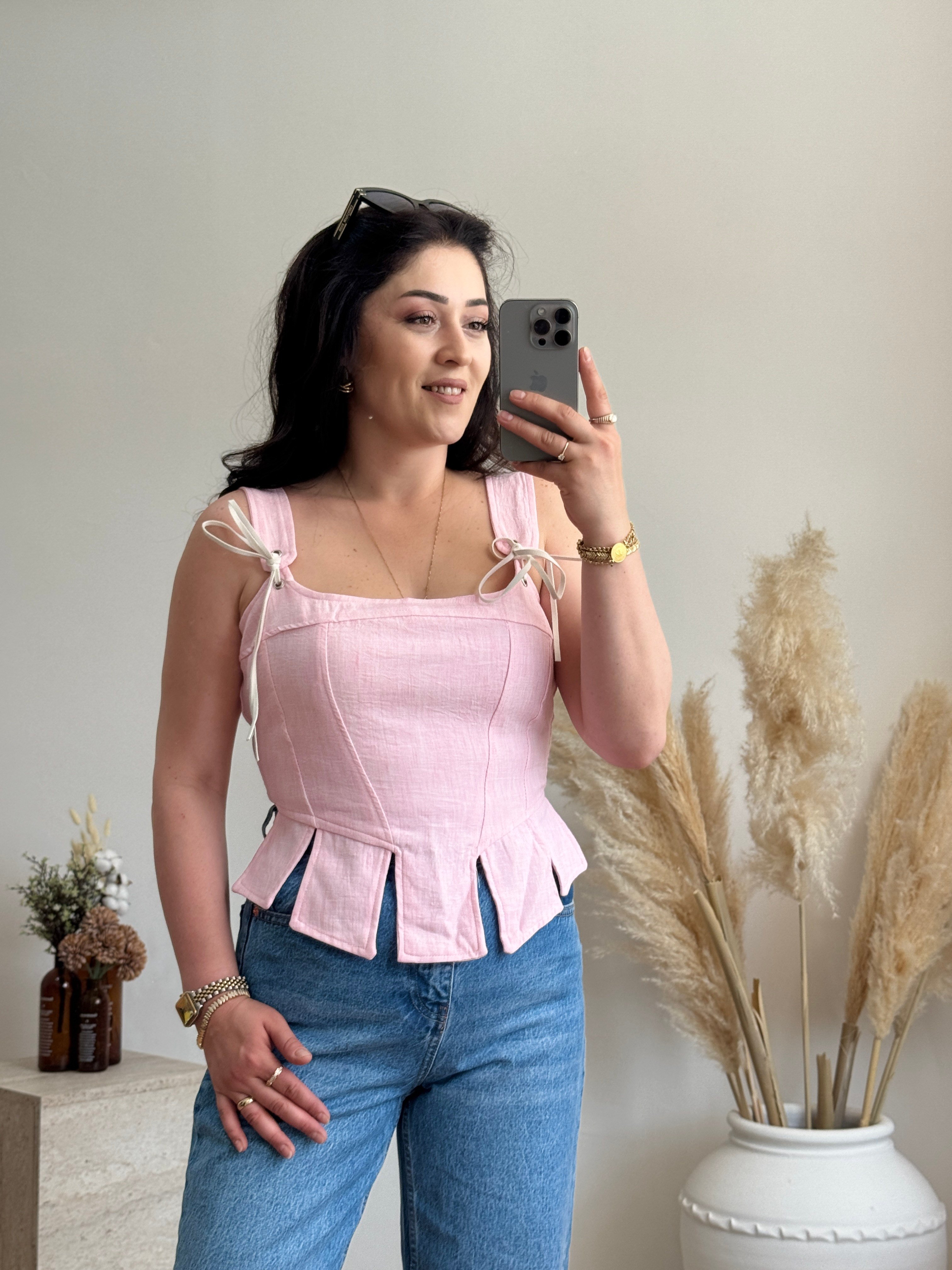 Korse Detaylı Poplin Bluz-Pembe