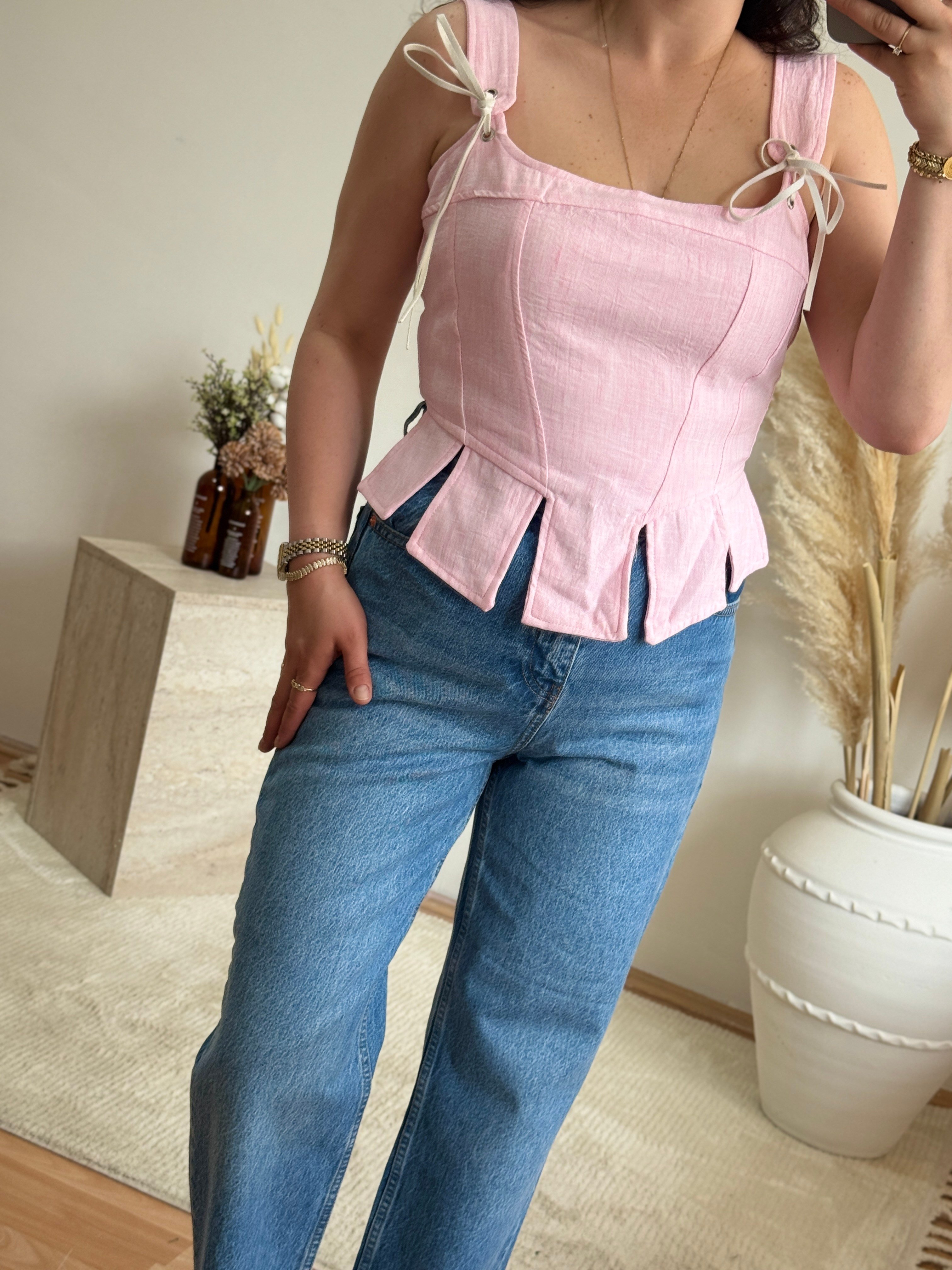 Korse Detaylı Poplin Bluz-Pembe