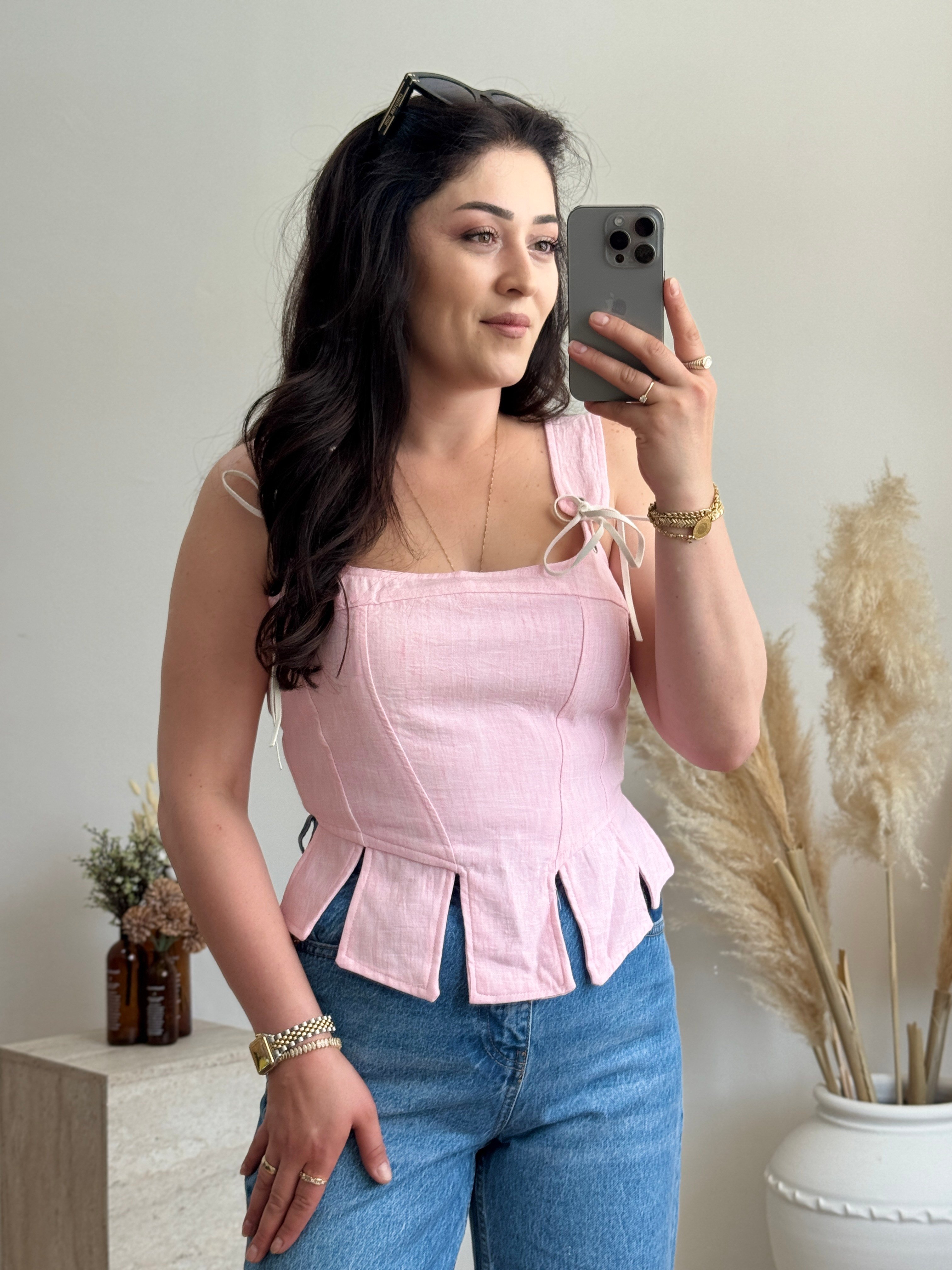 Korse Detaylı Poplin Bluz-Pembe