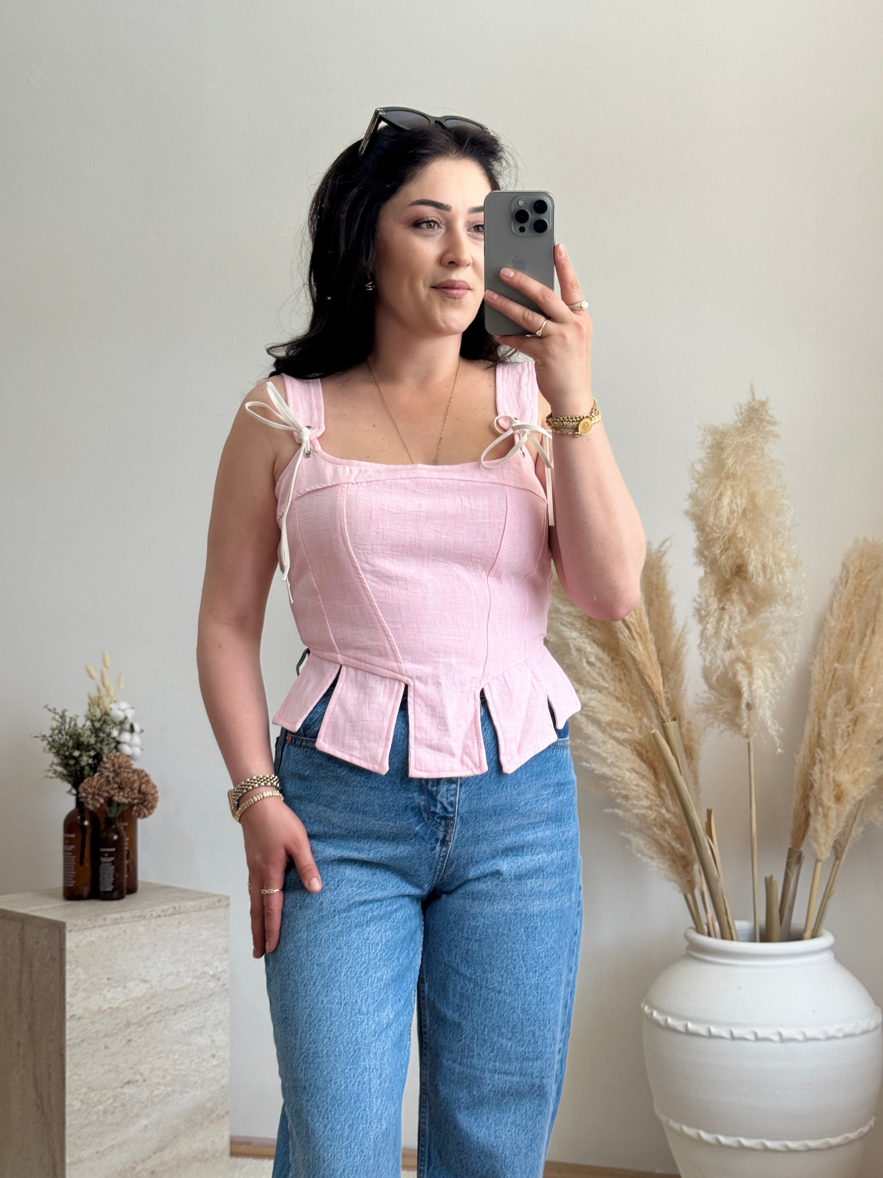 Korse Detaylı Poplin Bluz-Pembe