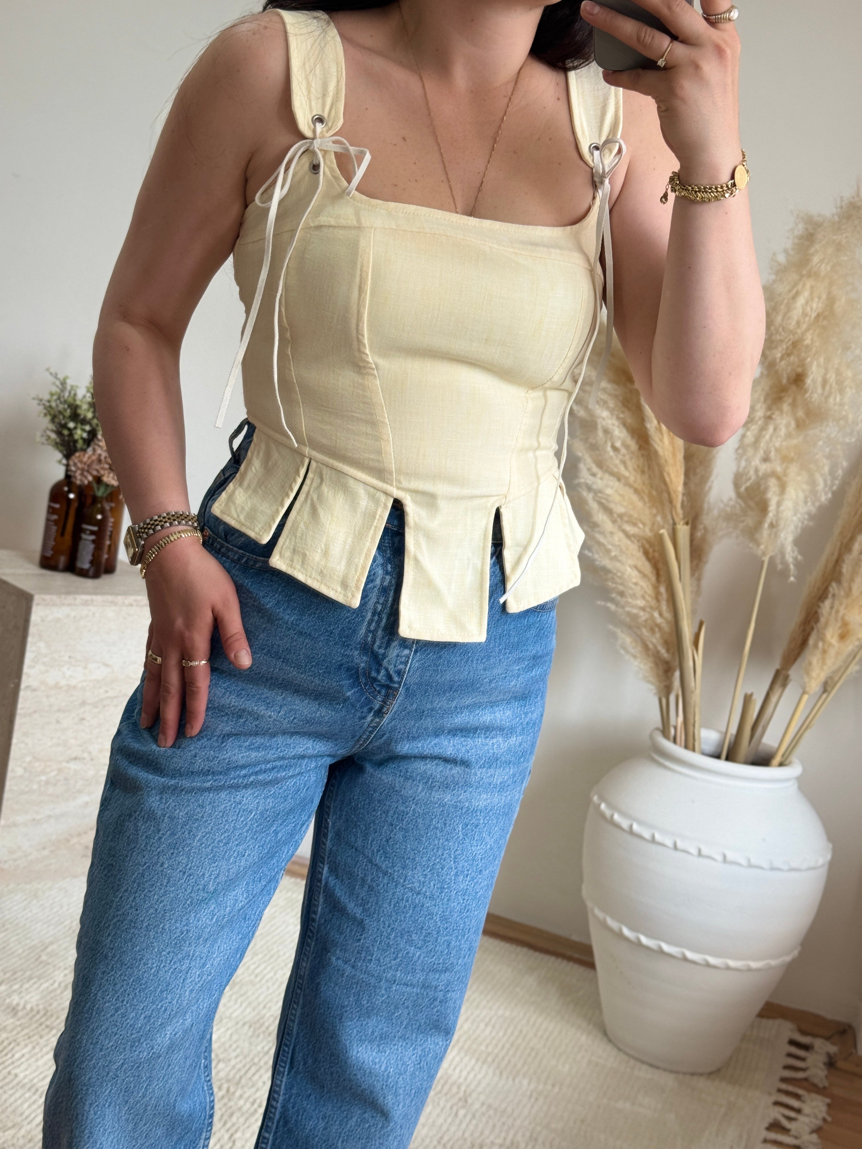 Korse Detaylı Poplin Bluz-Sarı