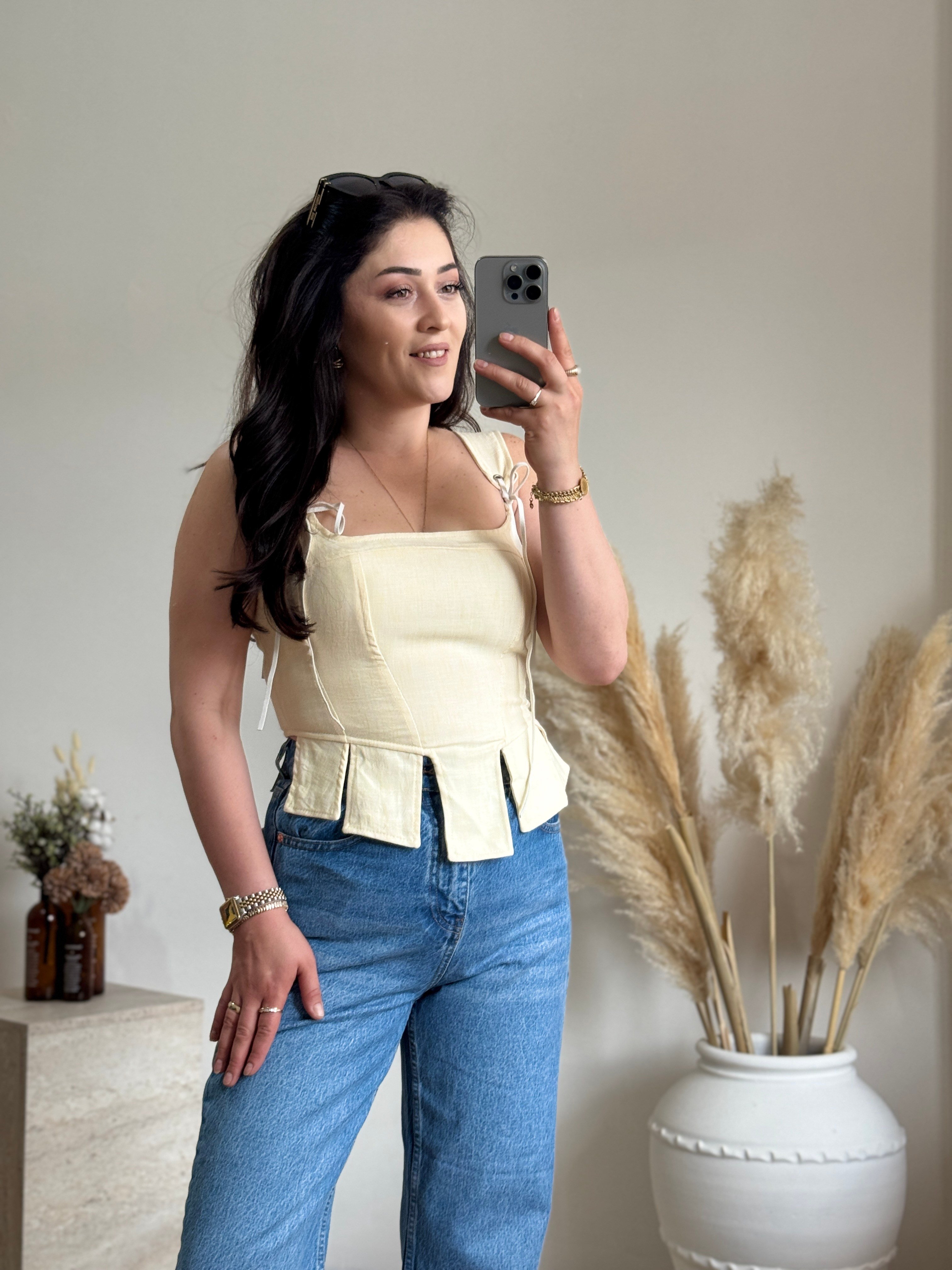 Korse Detaylı Poplin Bluz-Sarı