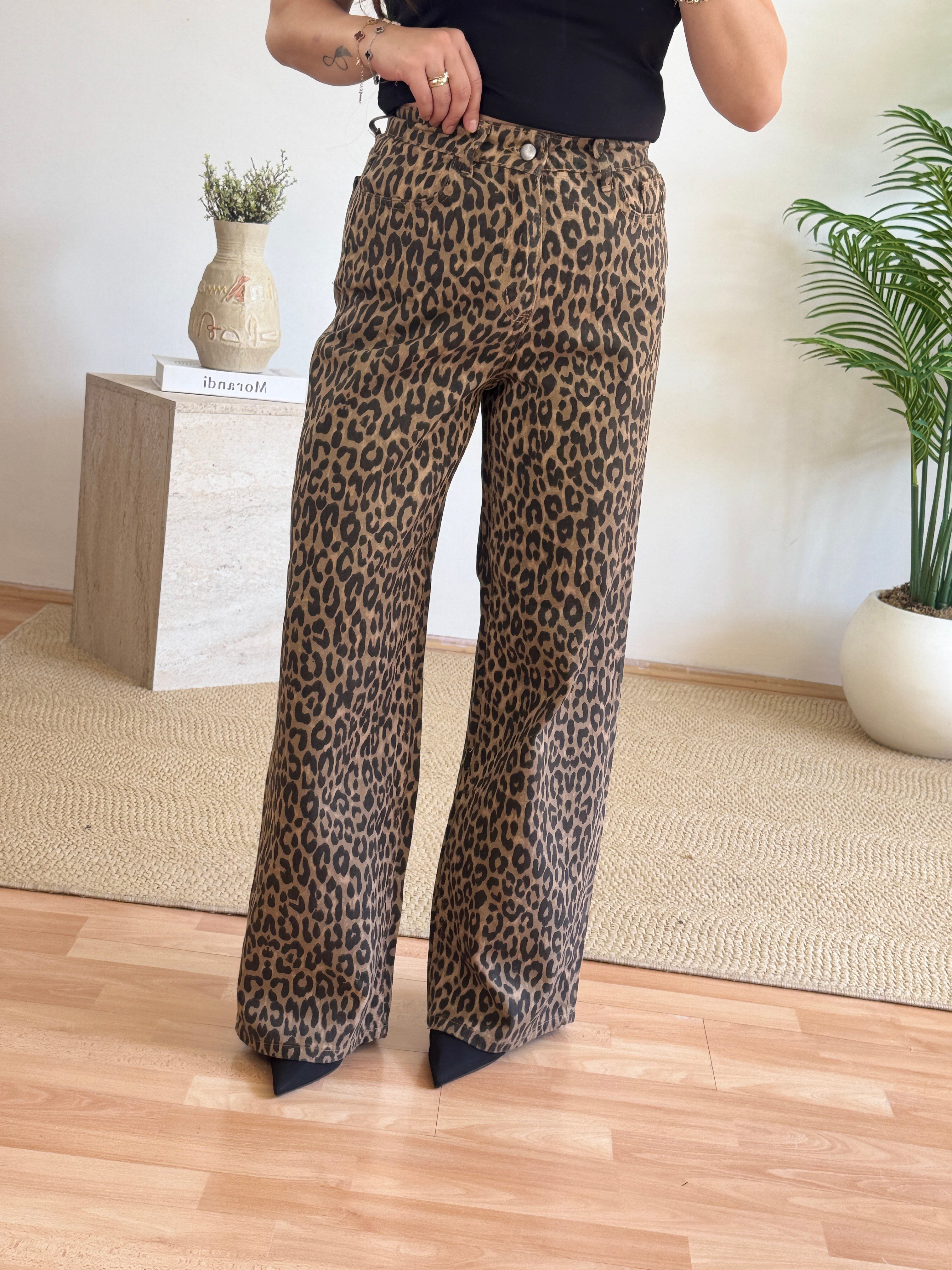Leopar Desenli Geniş Paça Pantolon