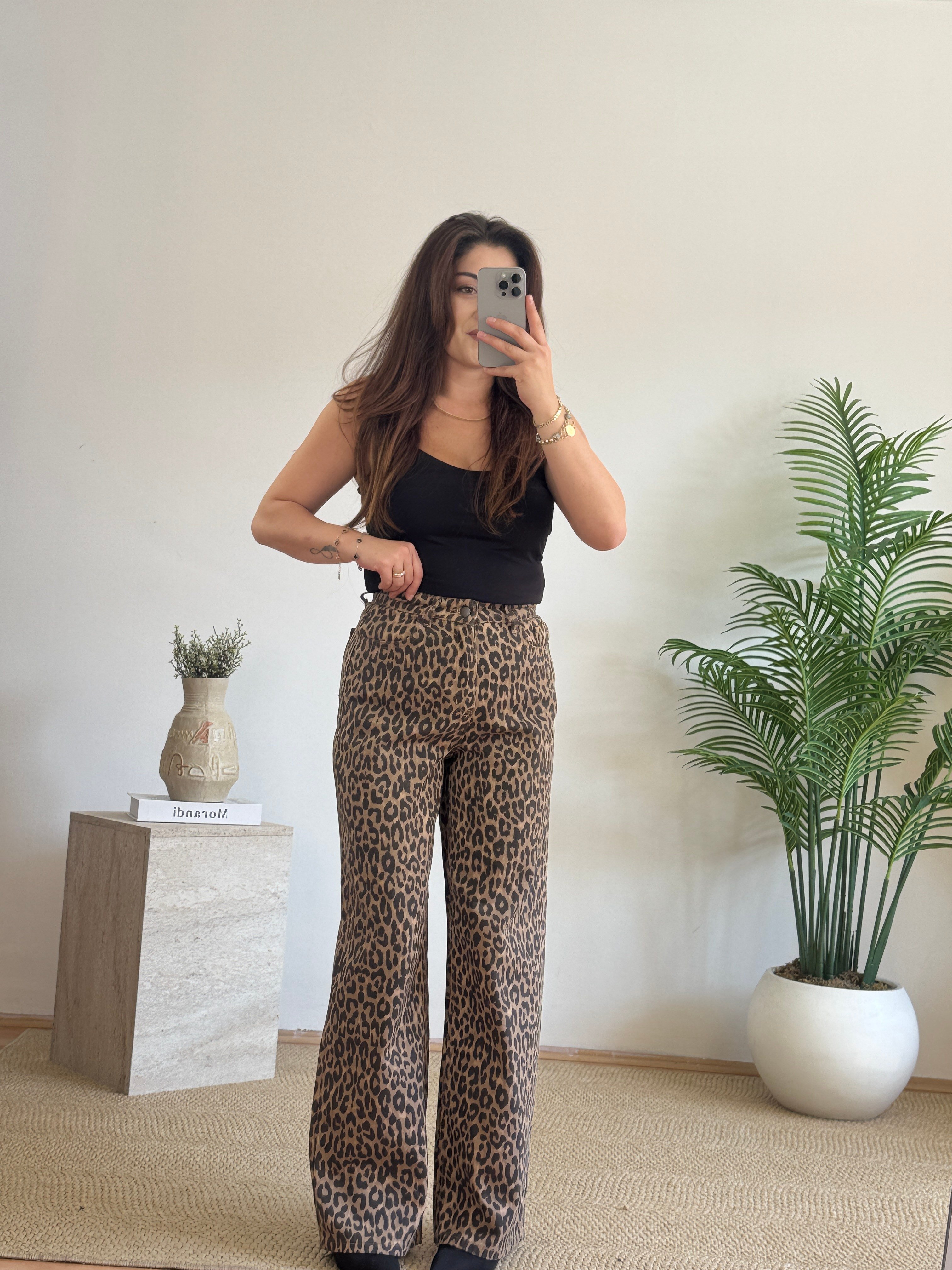 Leopar Desenli Geniş Paça Pantolon