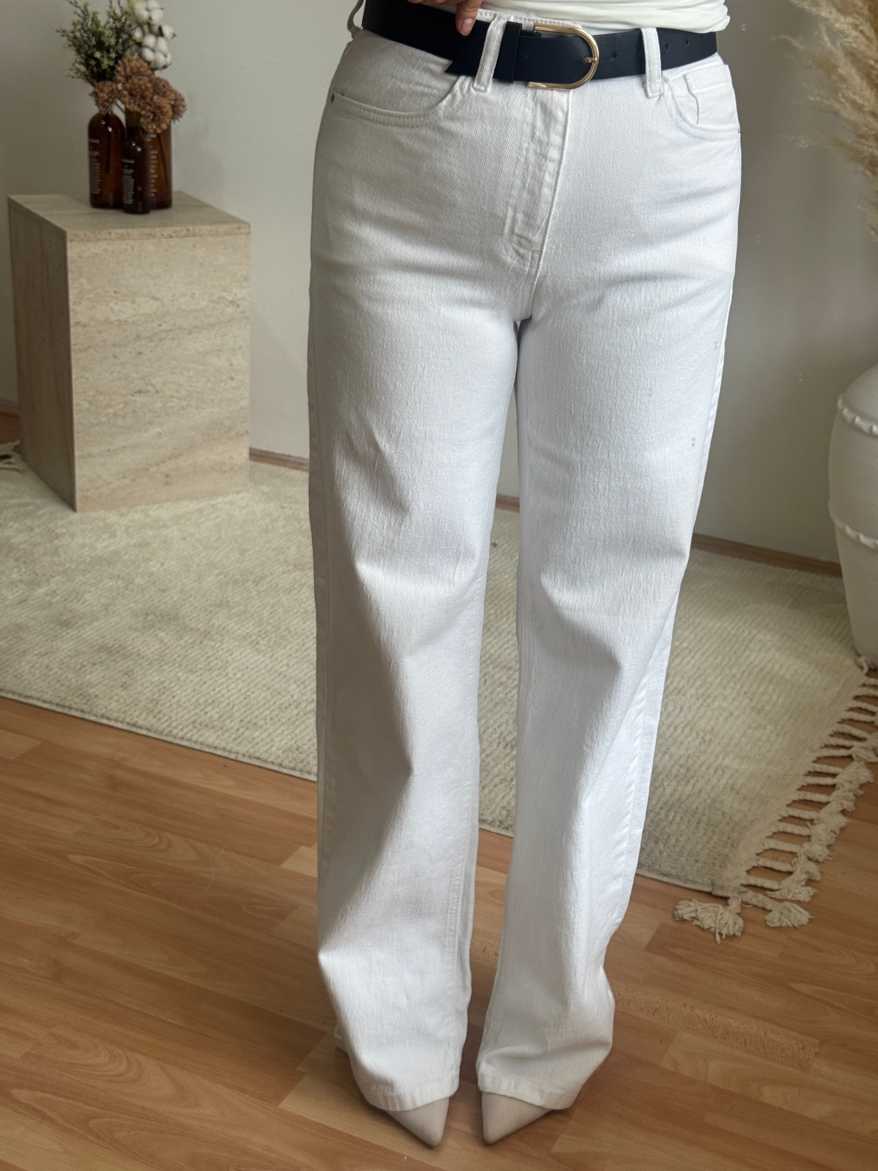 Likralı Yüksek Bel Beyaz Jean