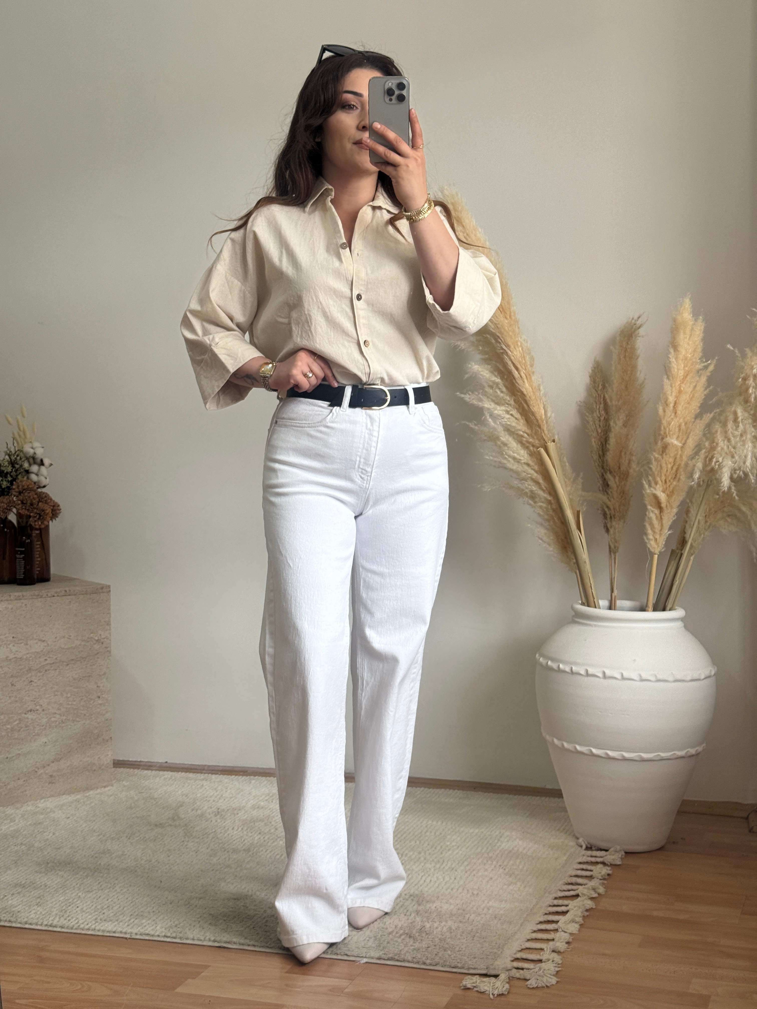 Likralı Yüksek Bel Beyaz Jean