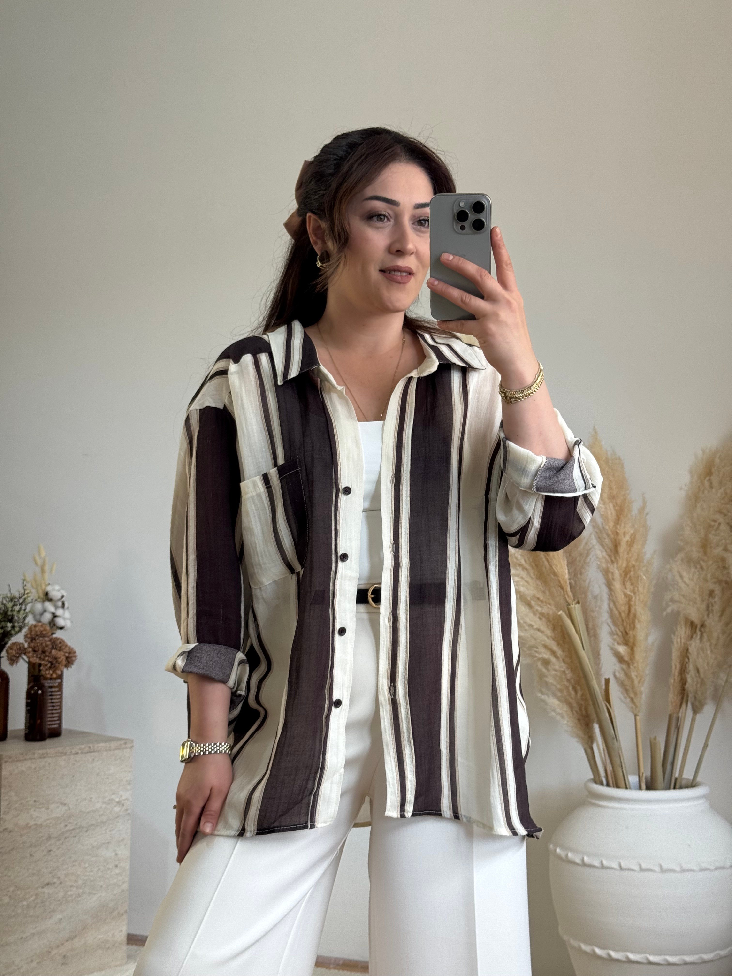 Mocha Çizgili Oversize Gömlek