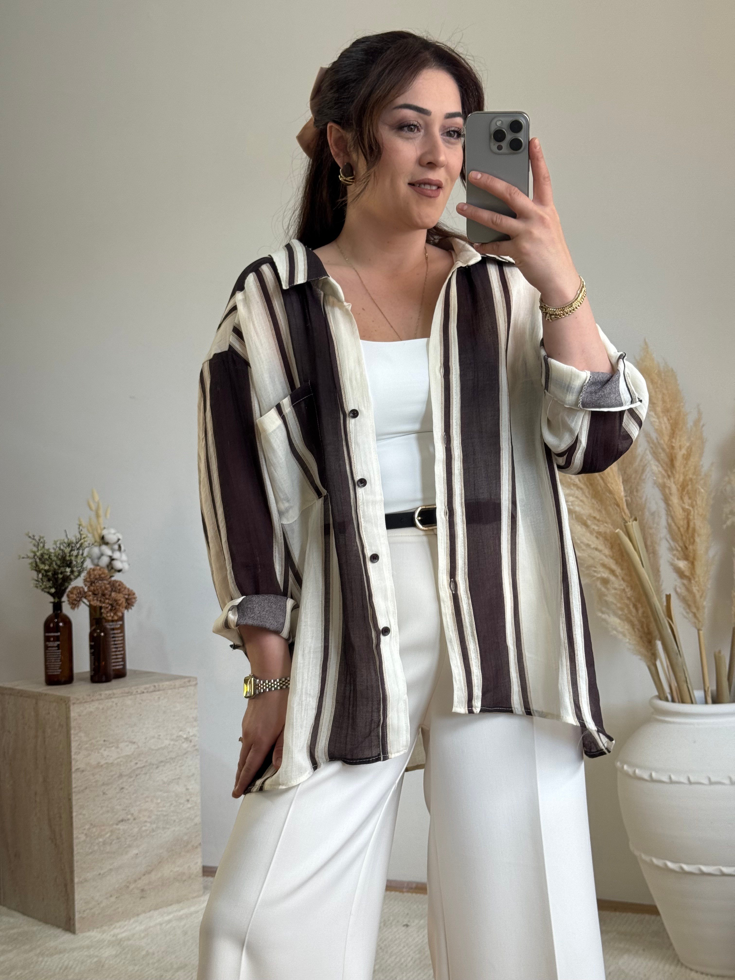 Mocha Çizgili Oversize Gömlek