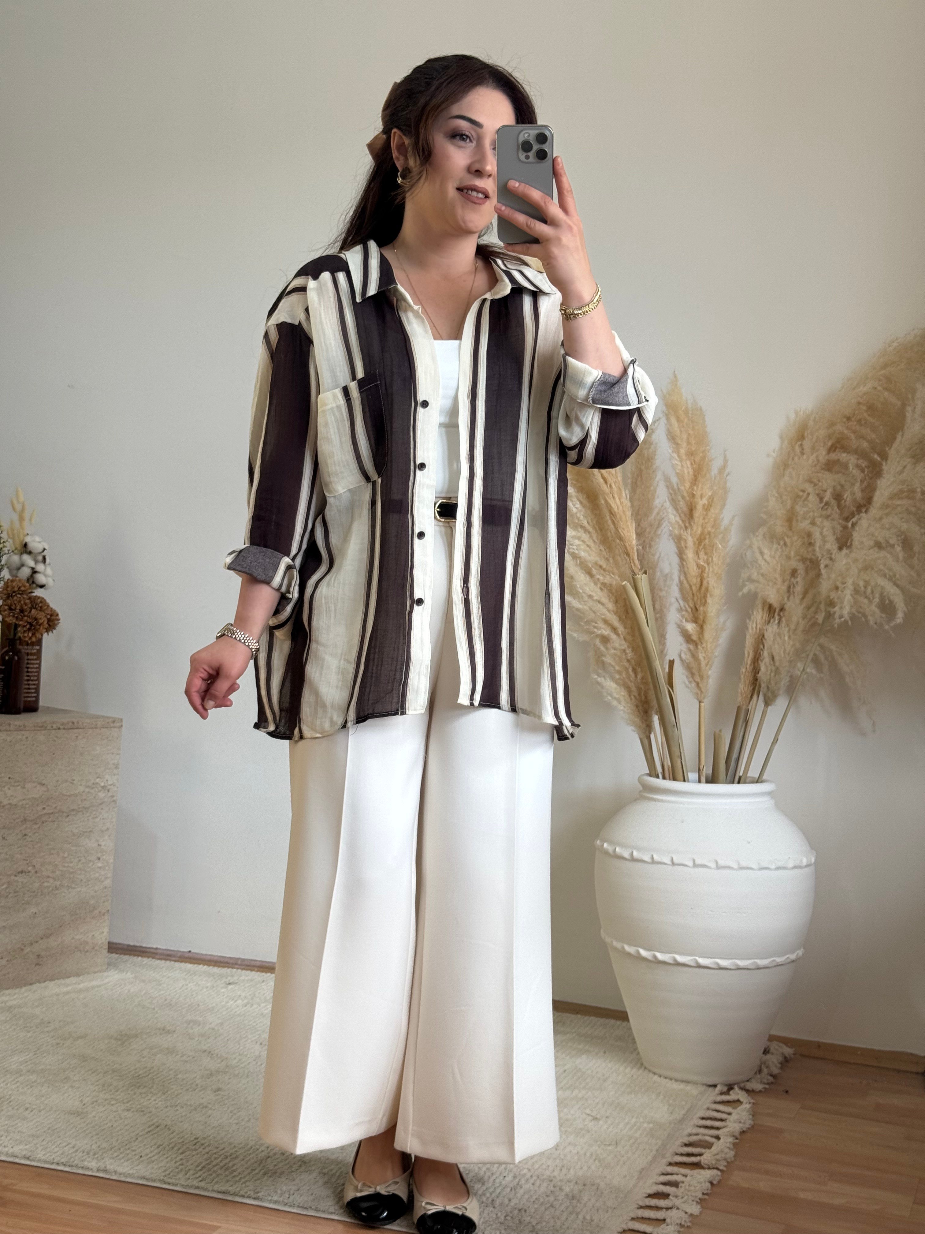 Mocha Çizgili Oversize Gömlek