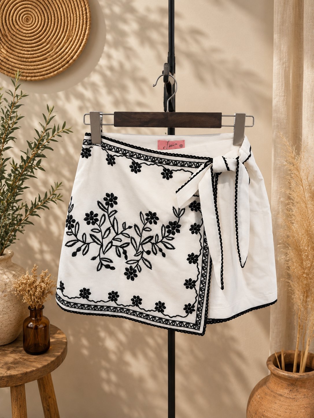 Nakış İşlemeli Şort Etek & Bağlamalı Crop Takım