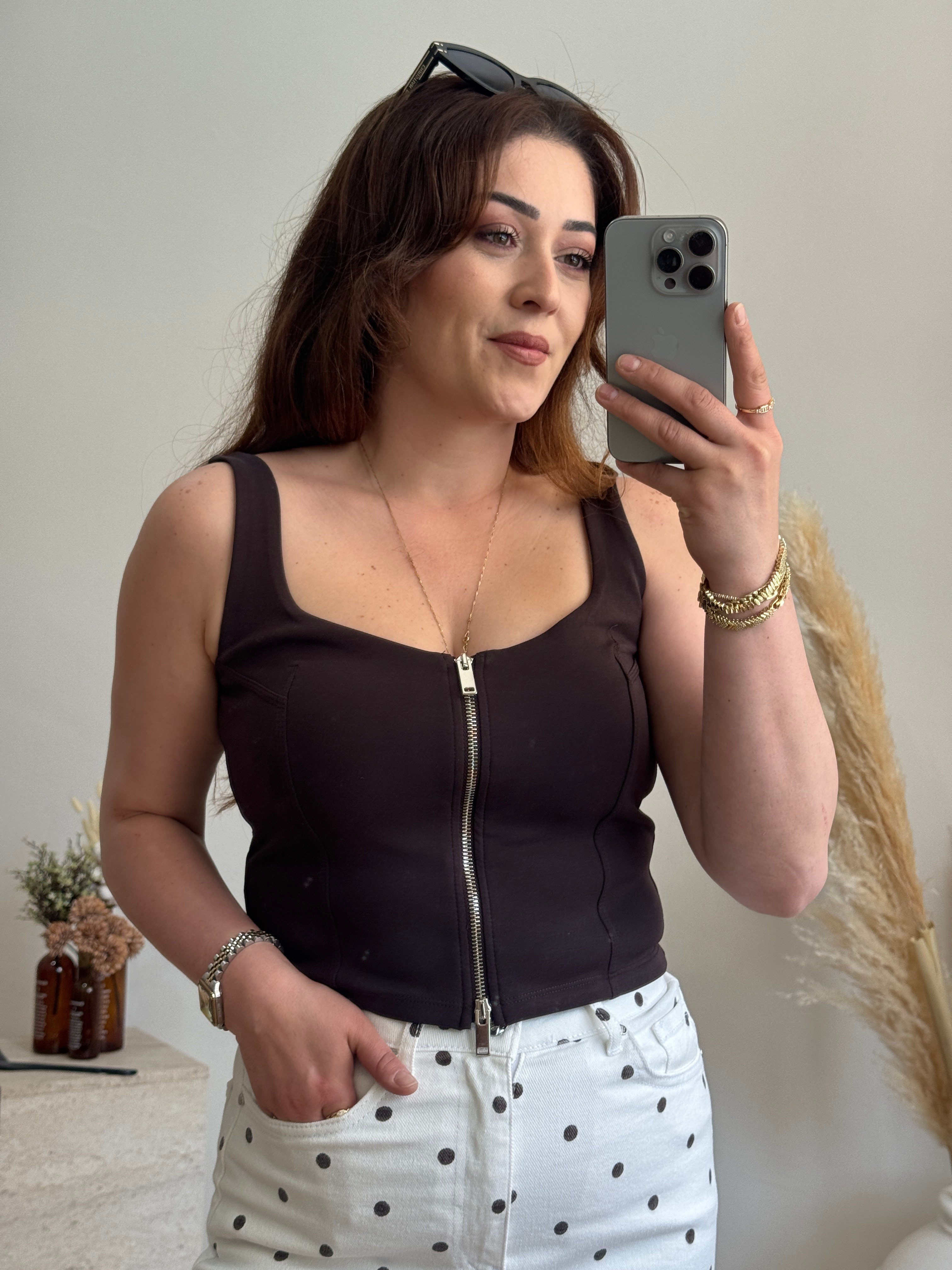 Ön Fermuar Detaylı Fit Crop Bluz-Kahve