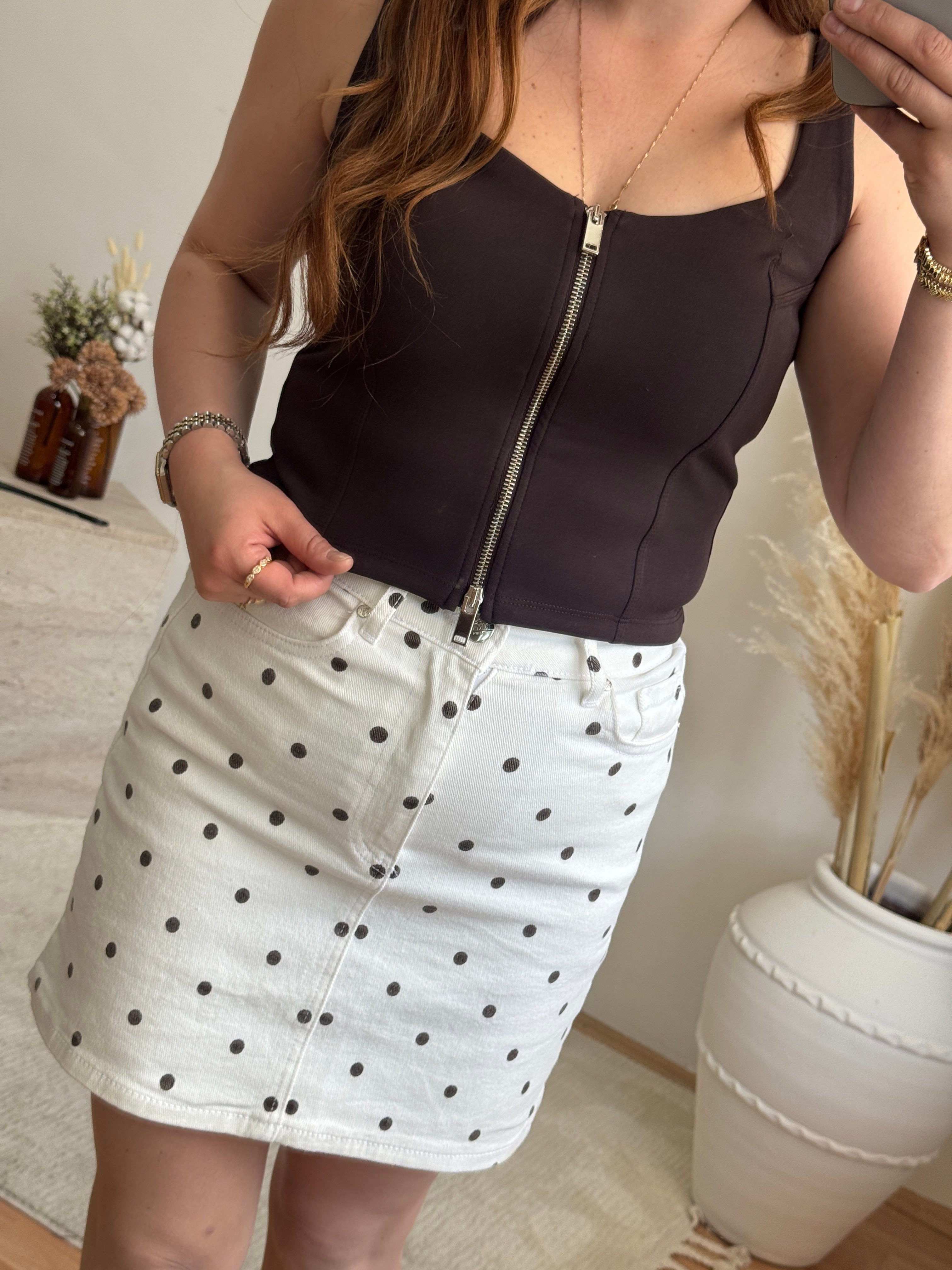 Ön Fermuar Detaylı Fit Crop Bluz-Kahve