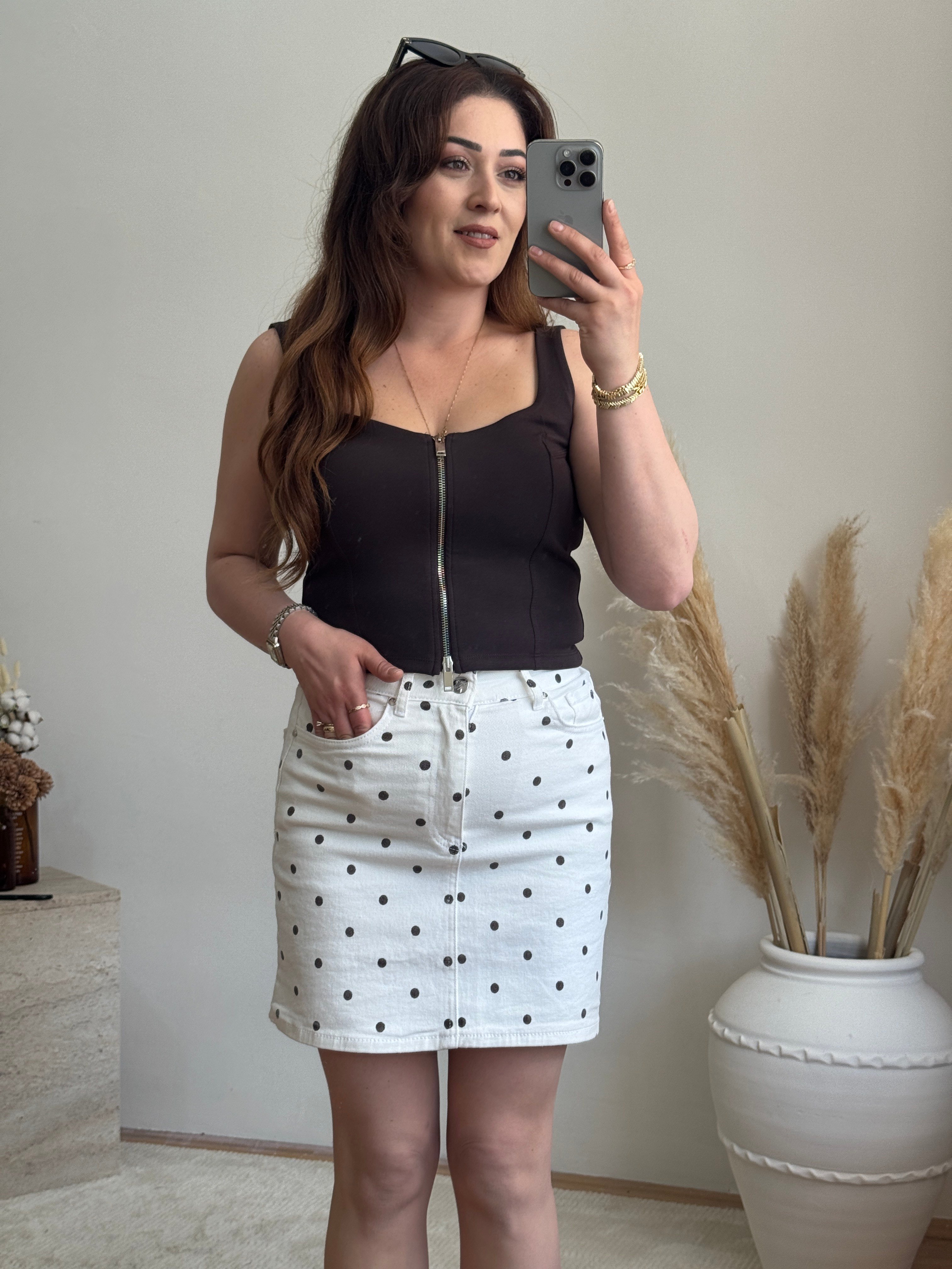 Ön Fermuar Detaylı Fit Crop Bluz-Kahve