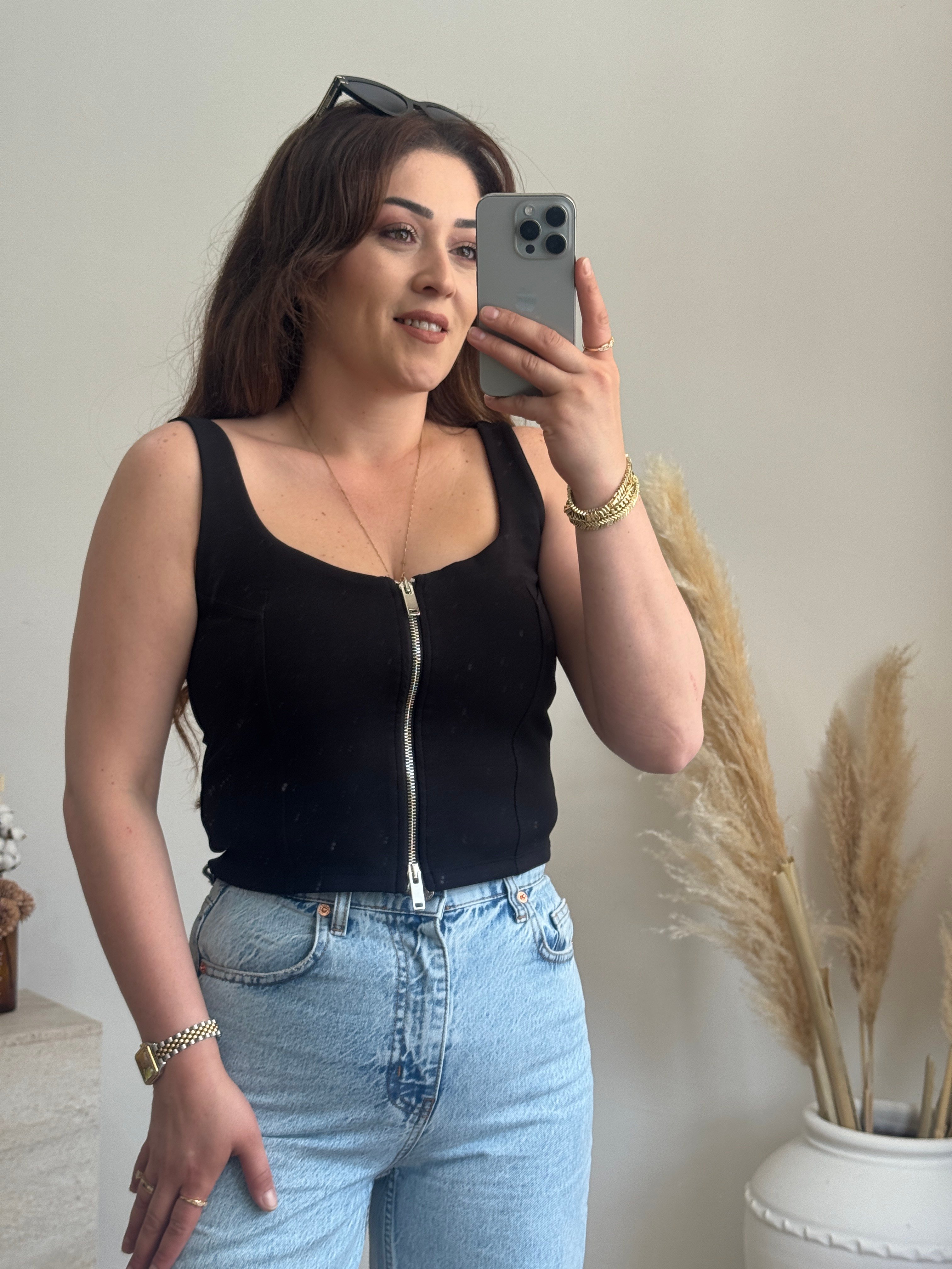 Ön Fermuar Detaylı Fit Crop Bluz-Siyah