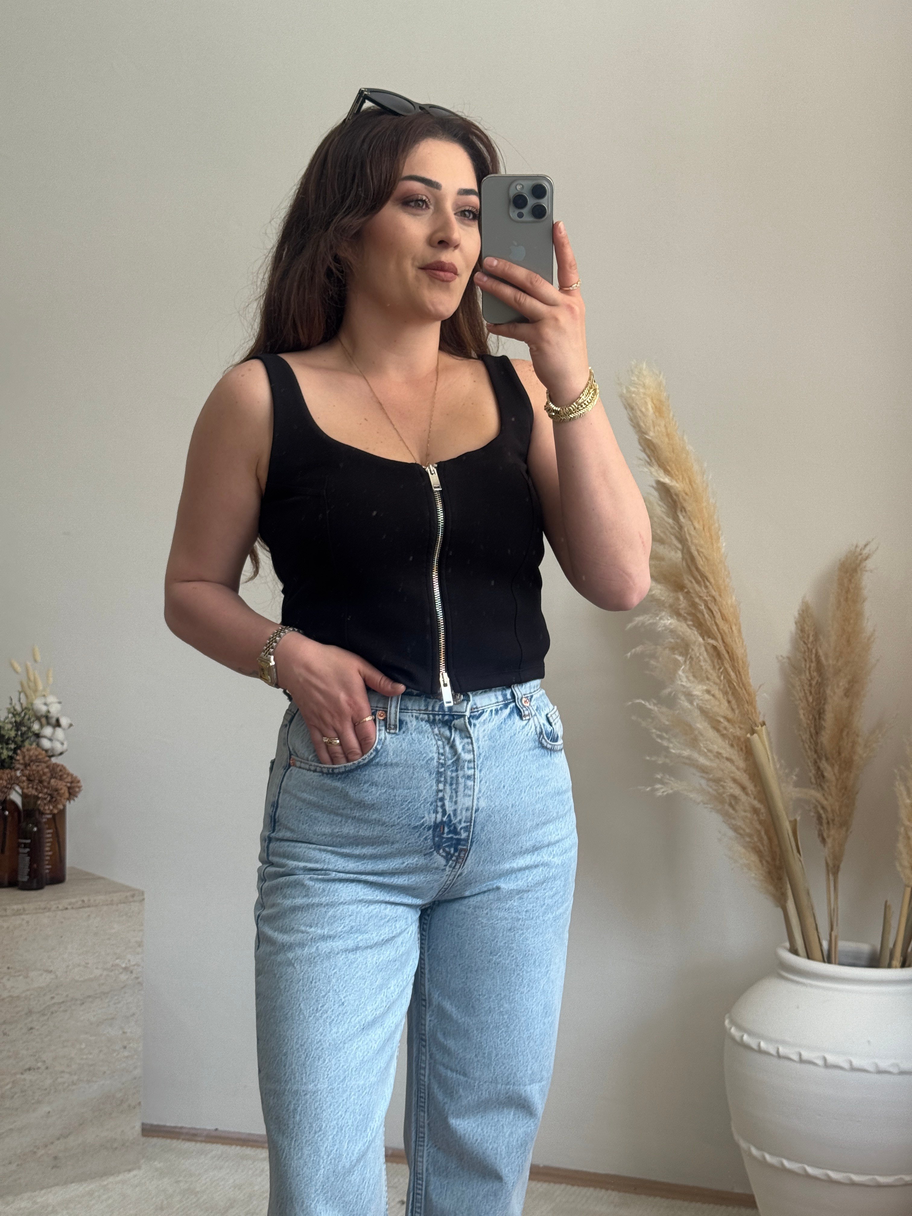 Ön Fermuar Detaylı Fit Crop Bluz-Siyah