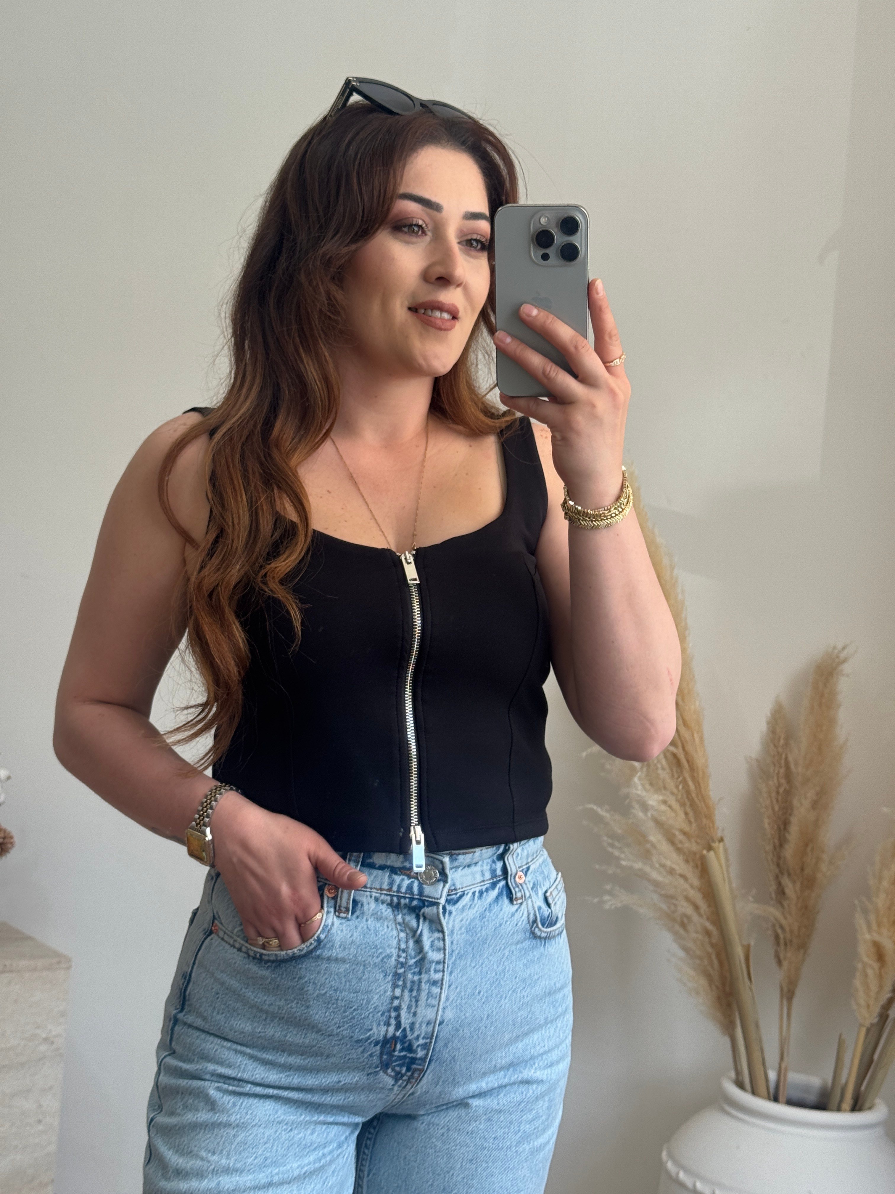 Ön Fermuar Detaylı Fit Crop Bluz-Siyah