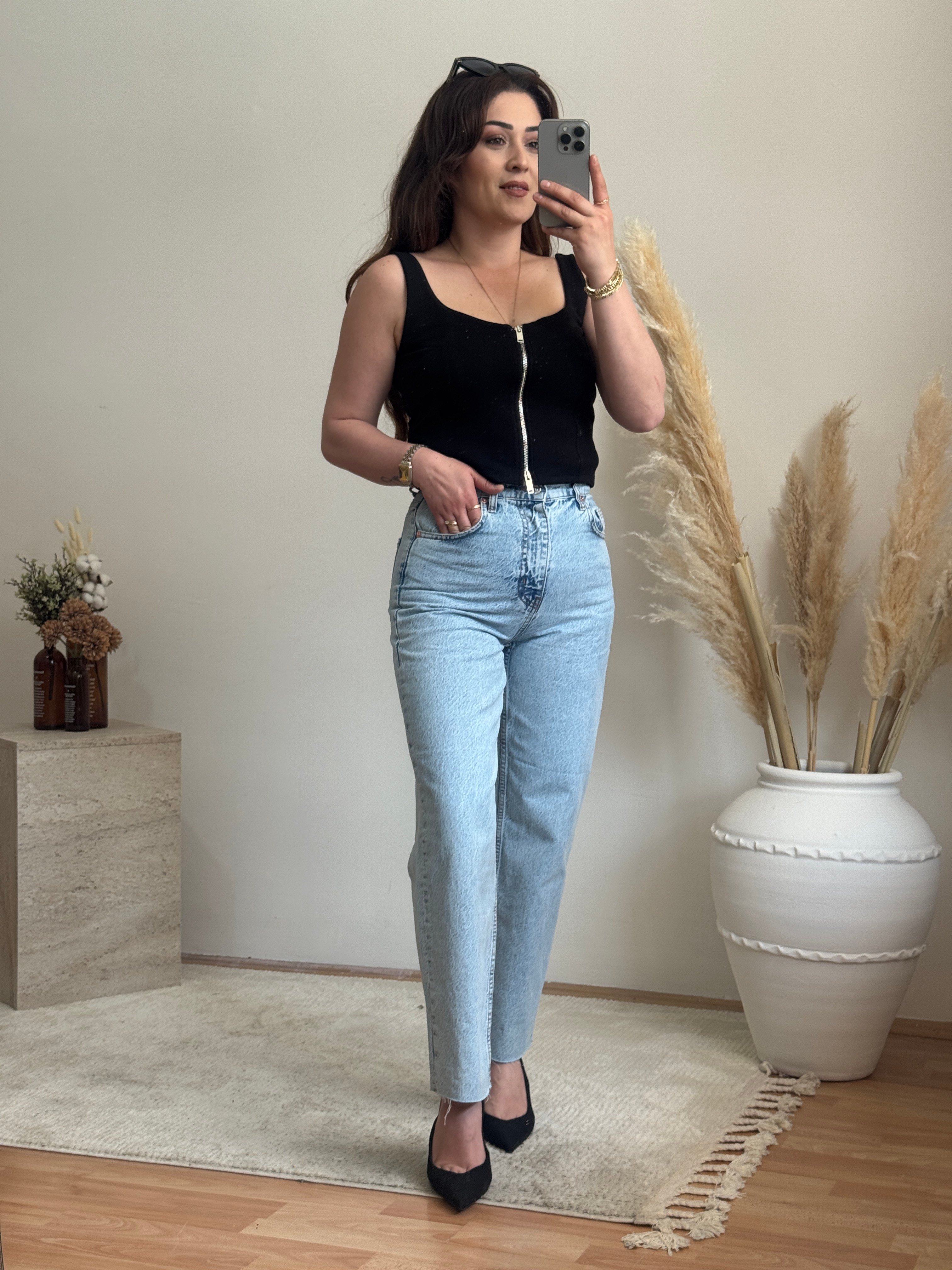 Ön Fermuar Detaylı Fit Crop Bluz-Siyah