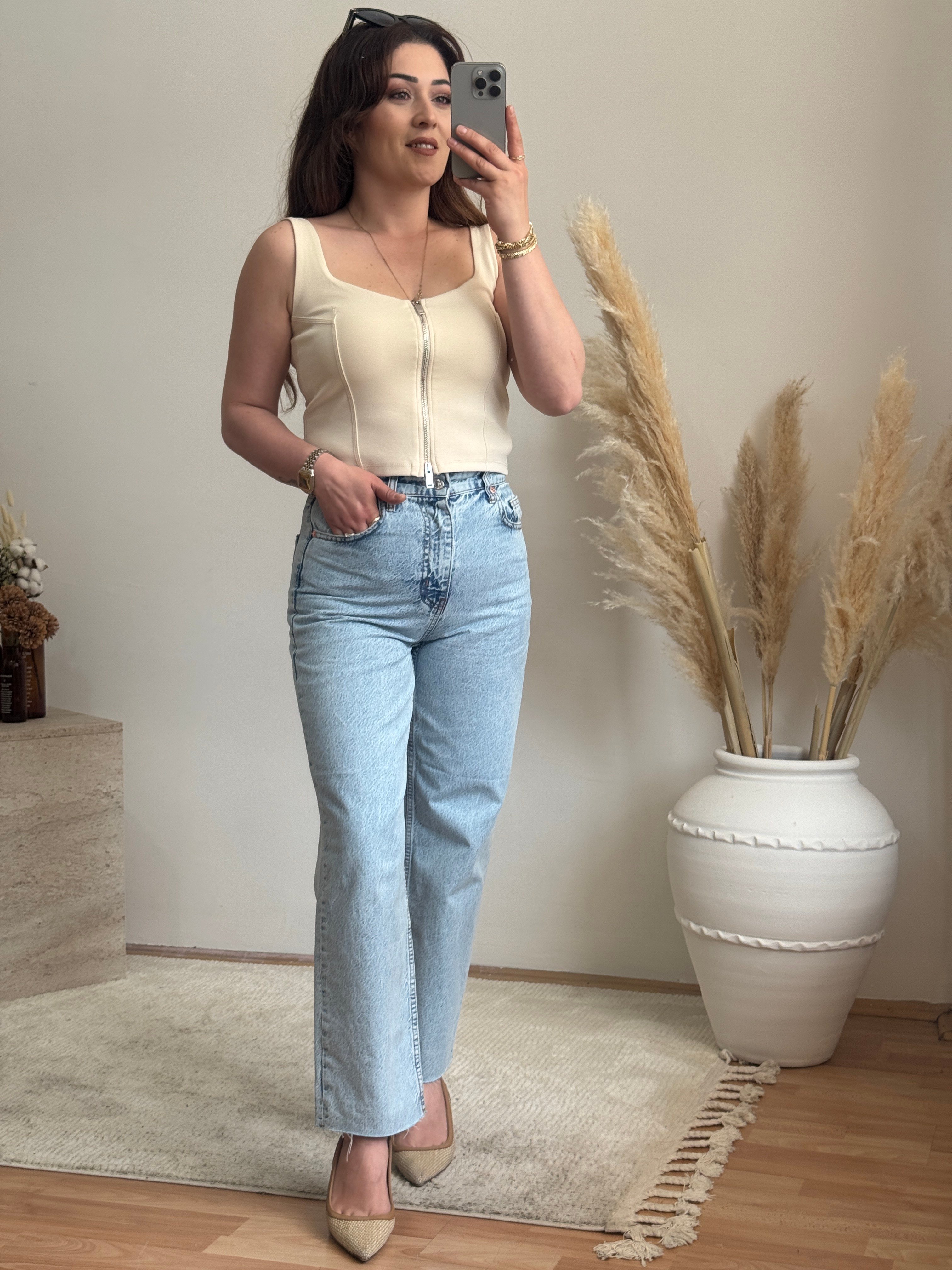 Ön Fermuar Detaylı Fit Crop Bluz-Taş