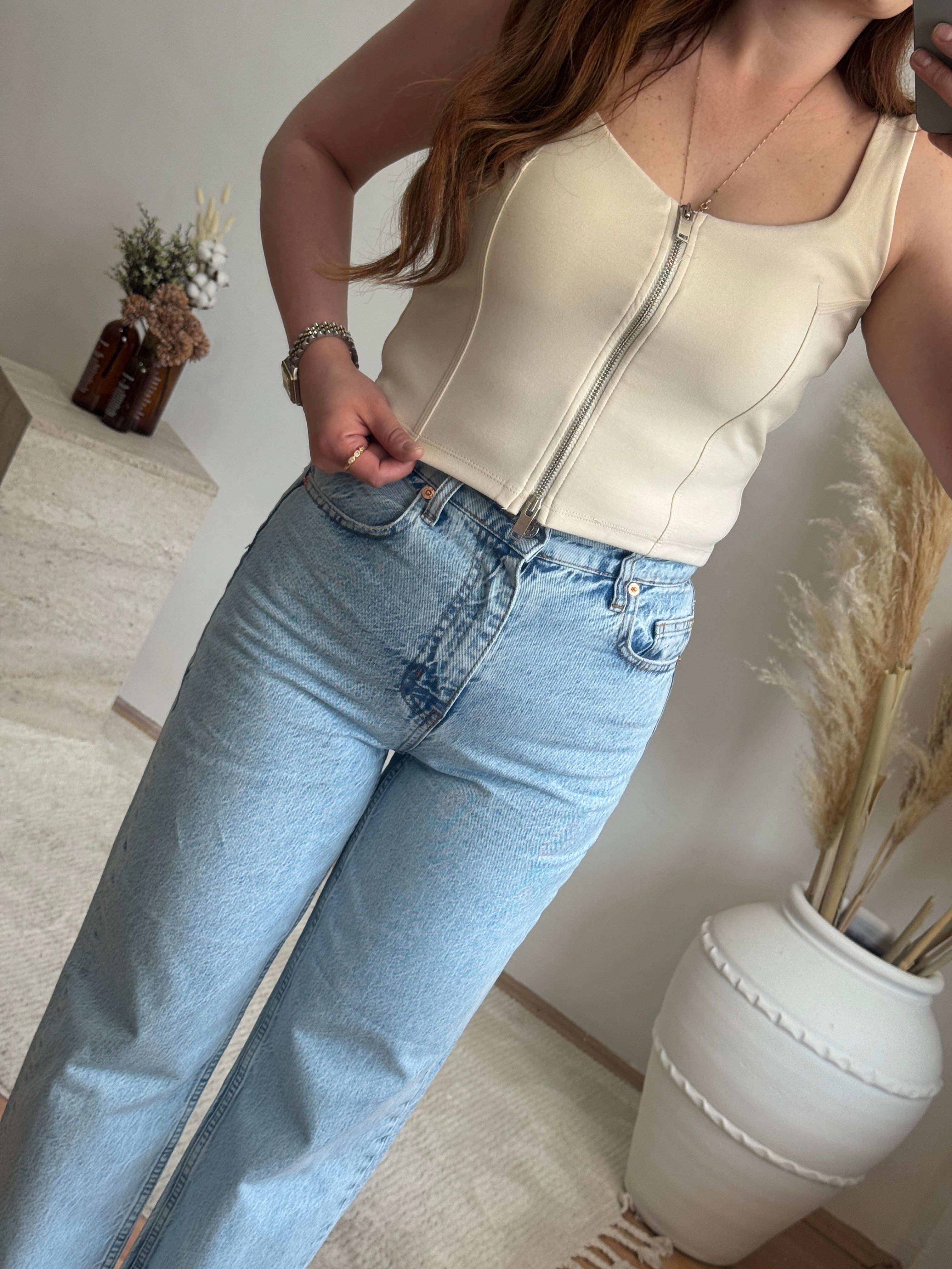 Ön Fermuar Detaylı Fit Crop Bluz-Taş