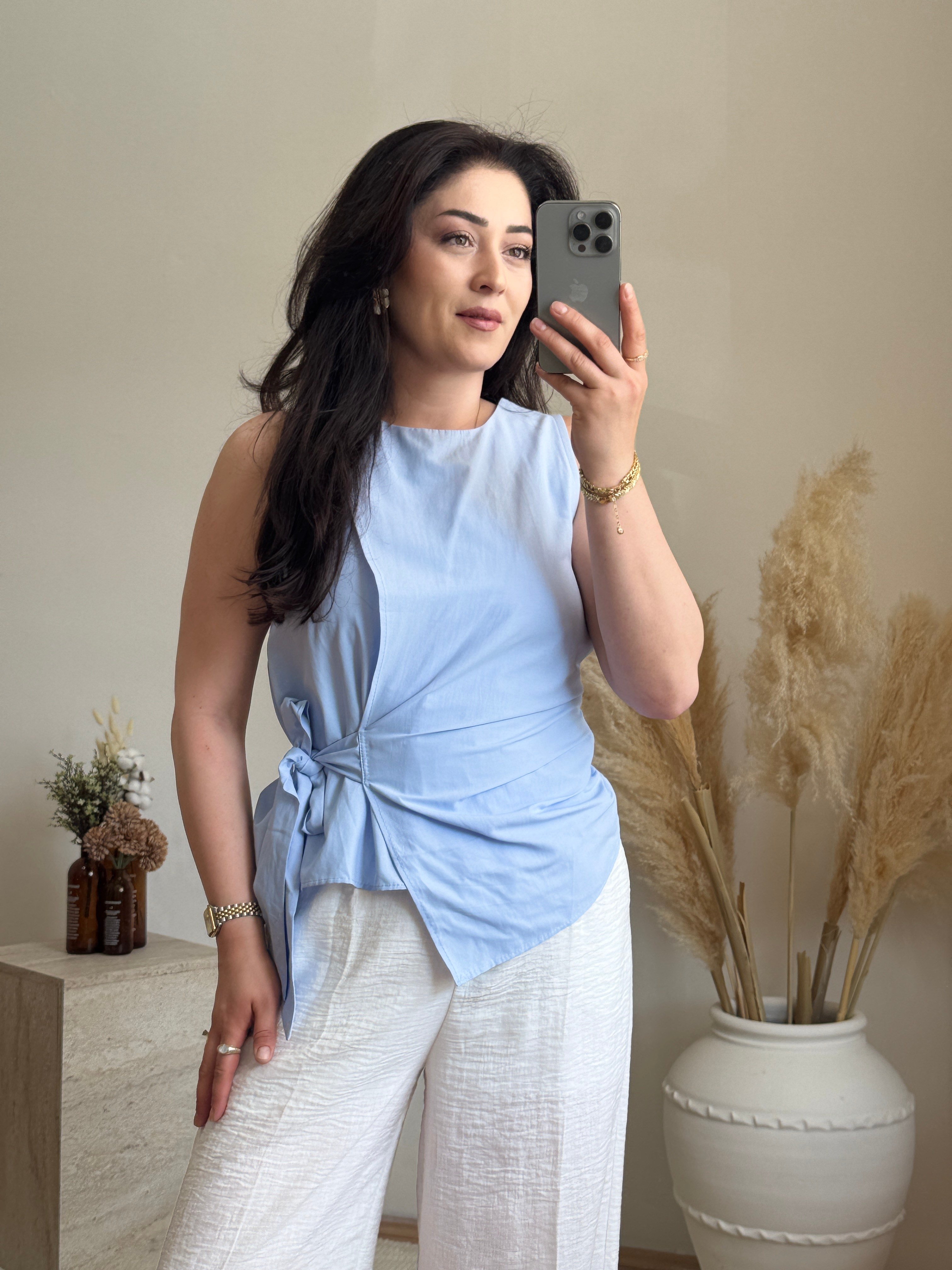 Poplin Bağlama Detaylı Bluz-Mavi