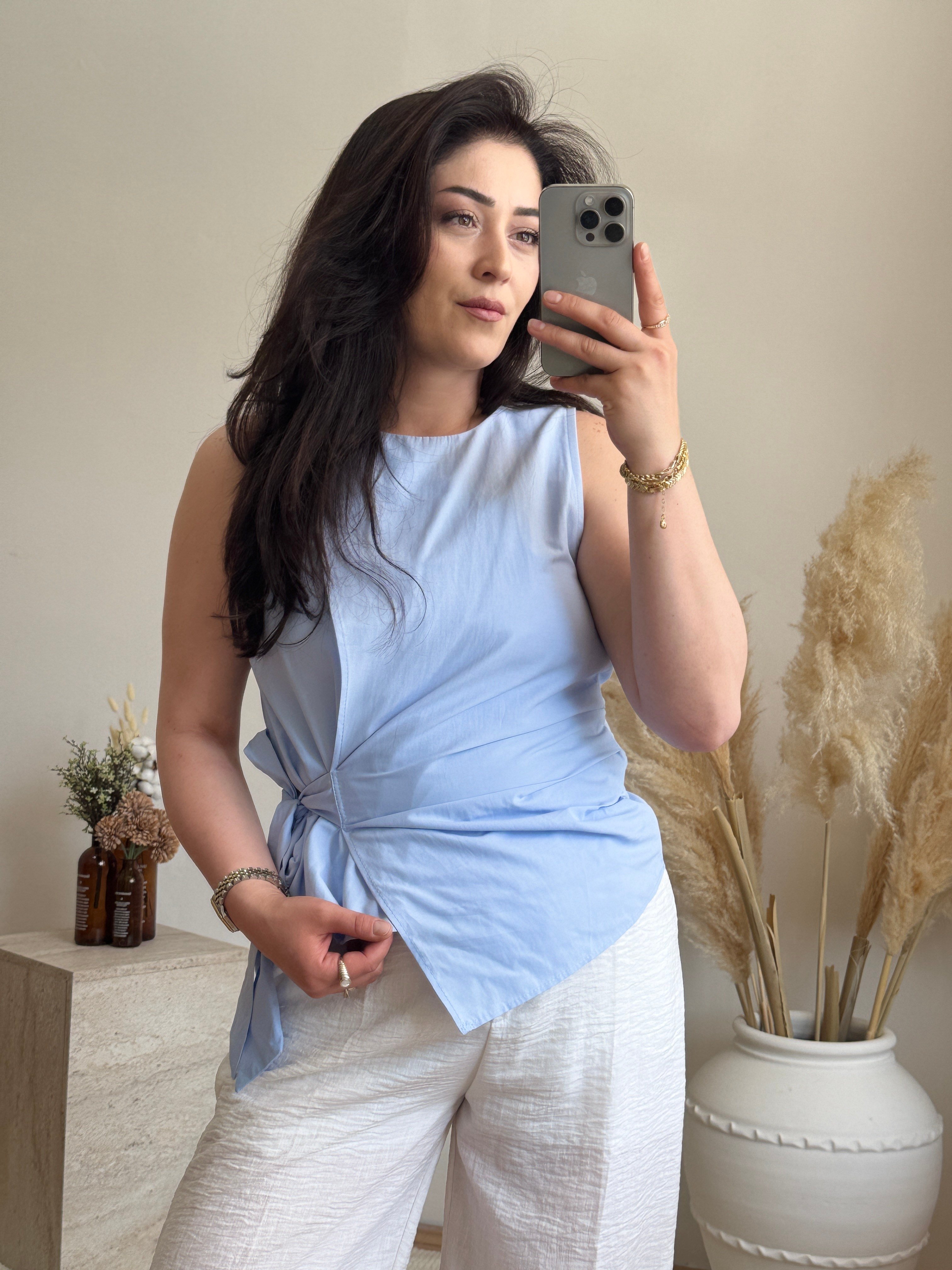 Poplin Bağlama Detaylı Bluz-Mavi