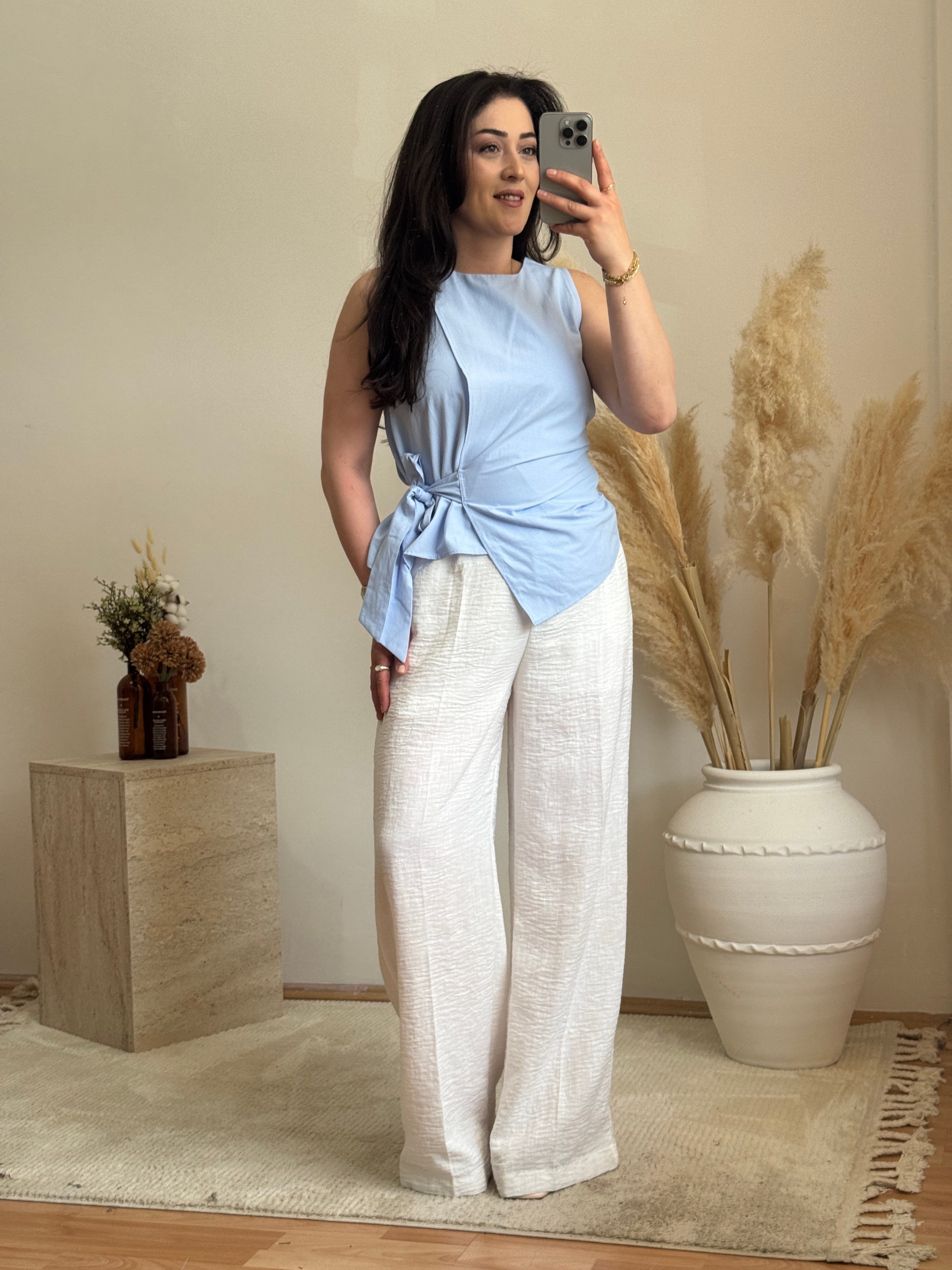 Poplin Bağlama Detaylı Bluz-Mavi