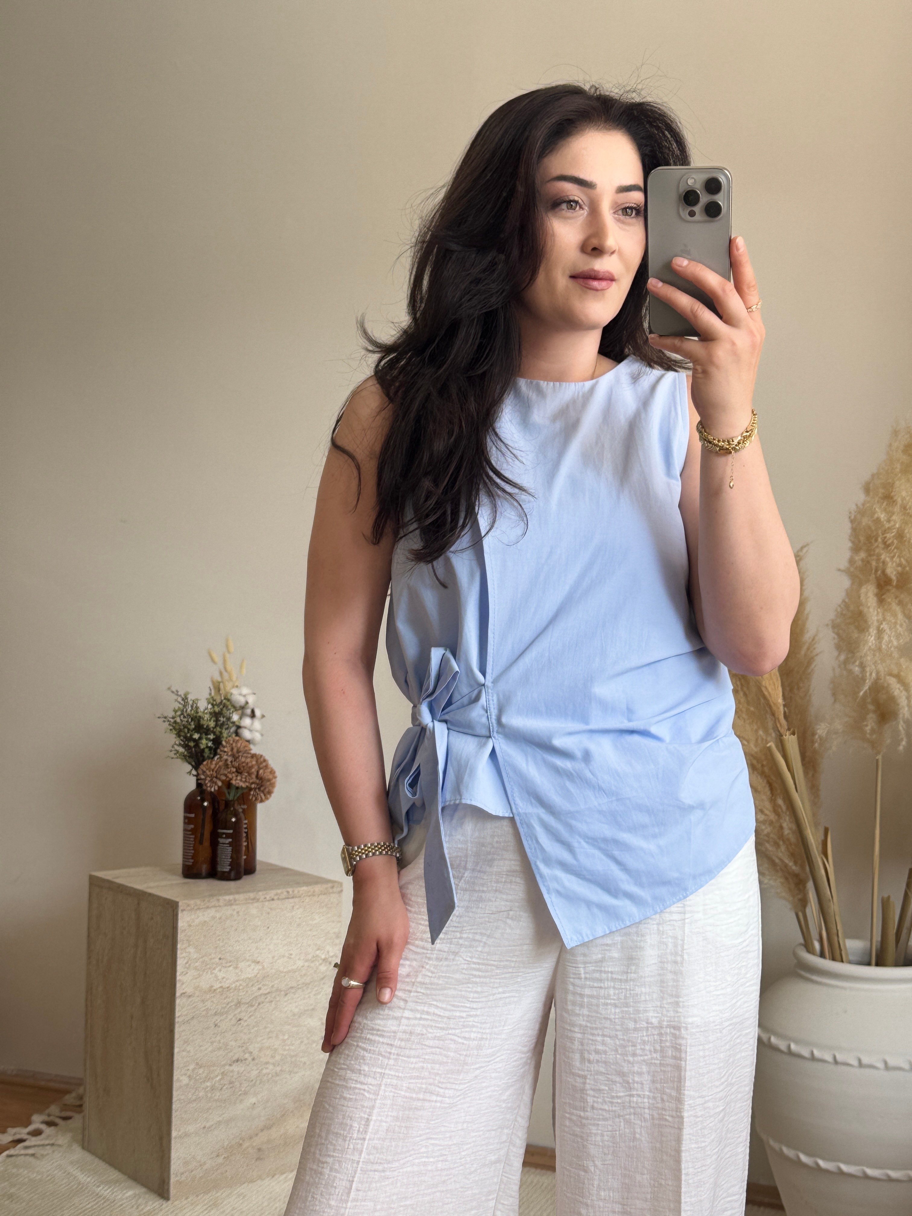Poplin Bağlama Detaylı Bluz-Mavi