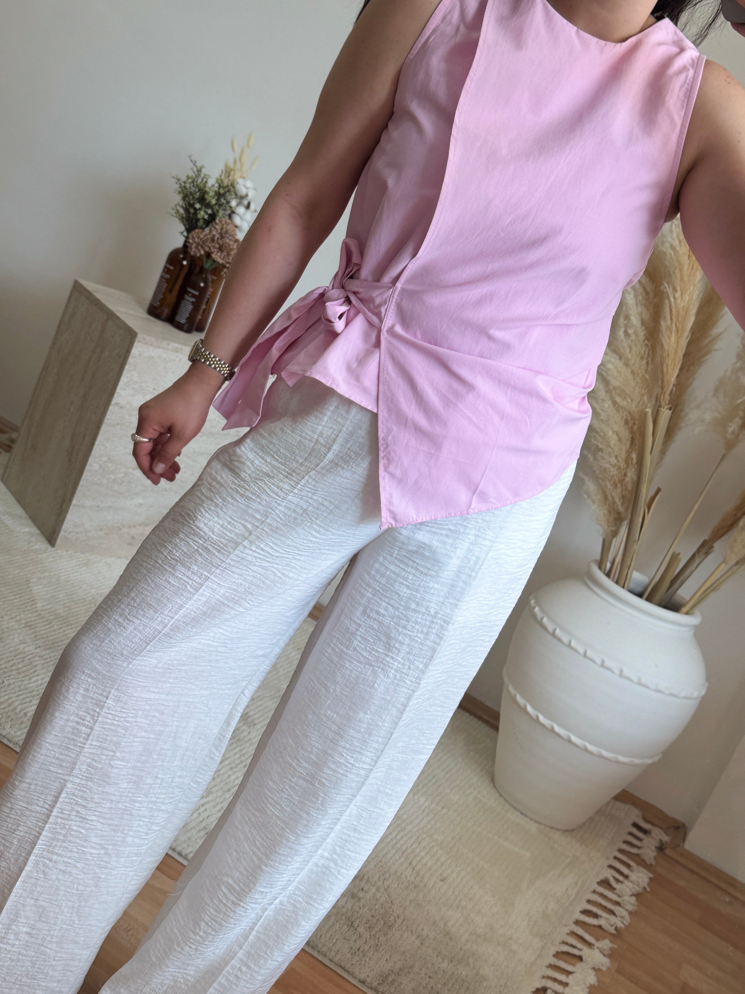 Poplin Bağlama Detaylı Bluz-Pembe