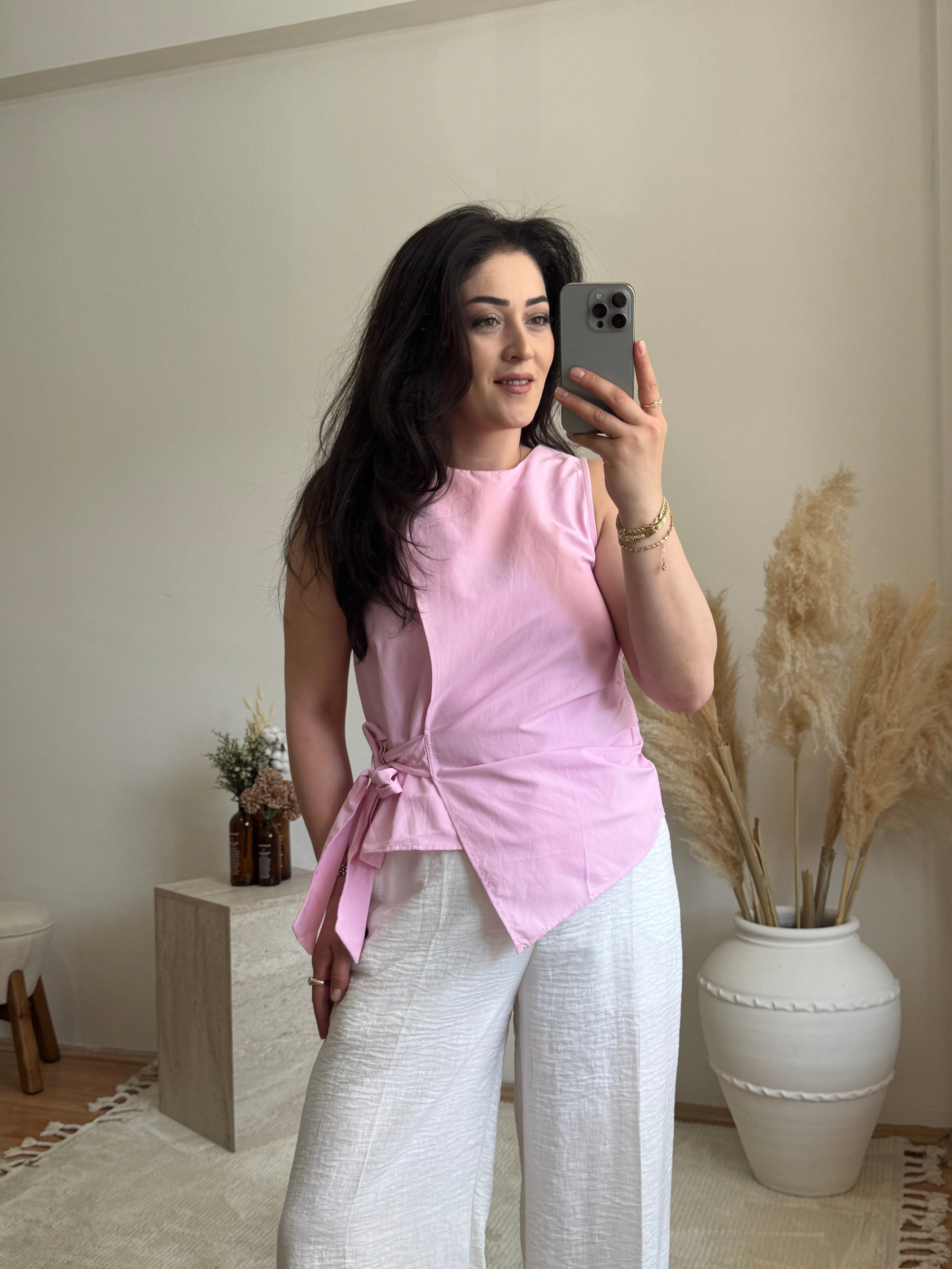 Poplin Bağlama Detaylı Bluz-Pembe