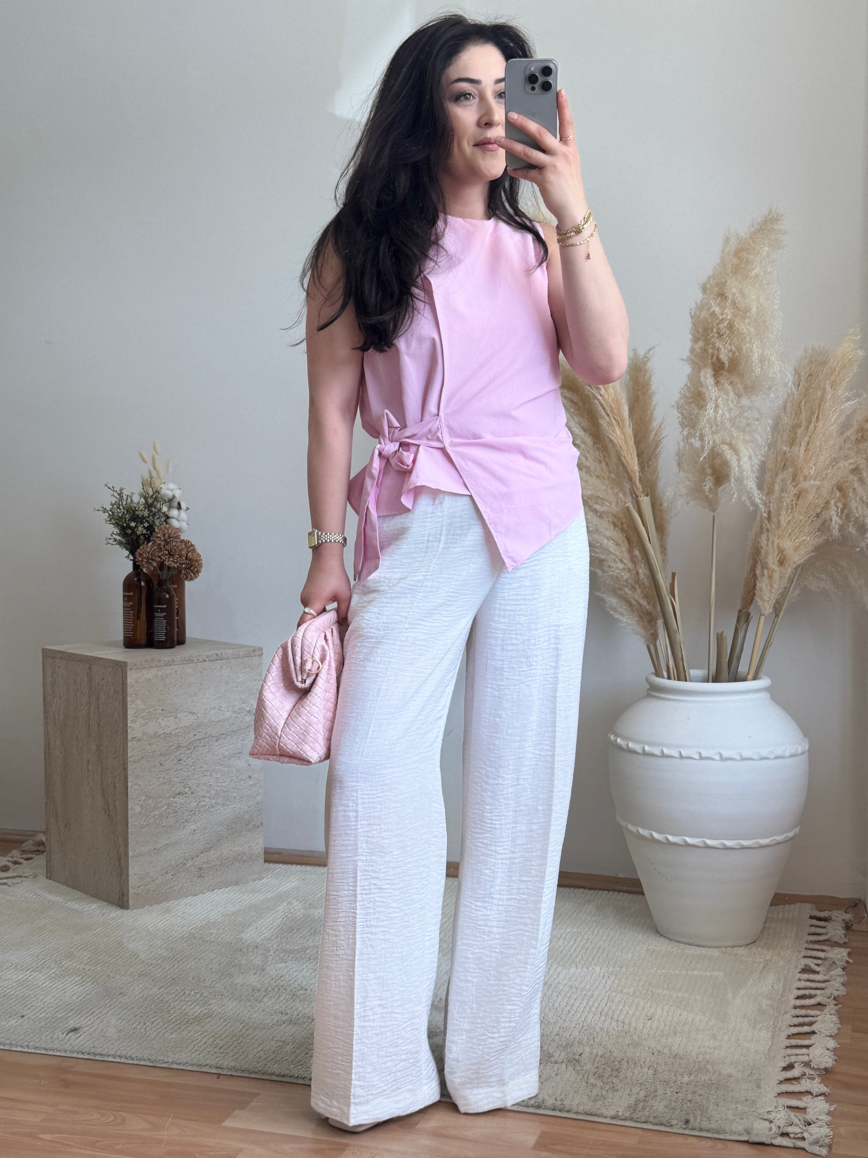 Poplin Bağlama Detaylı Bluz-Pembe