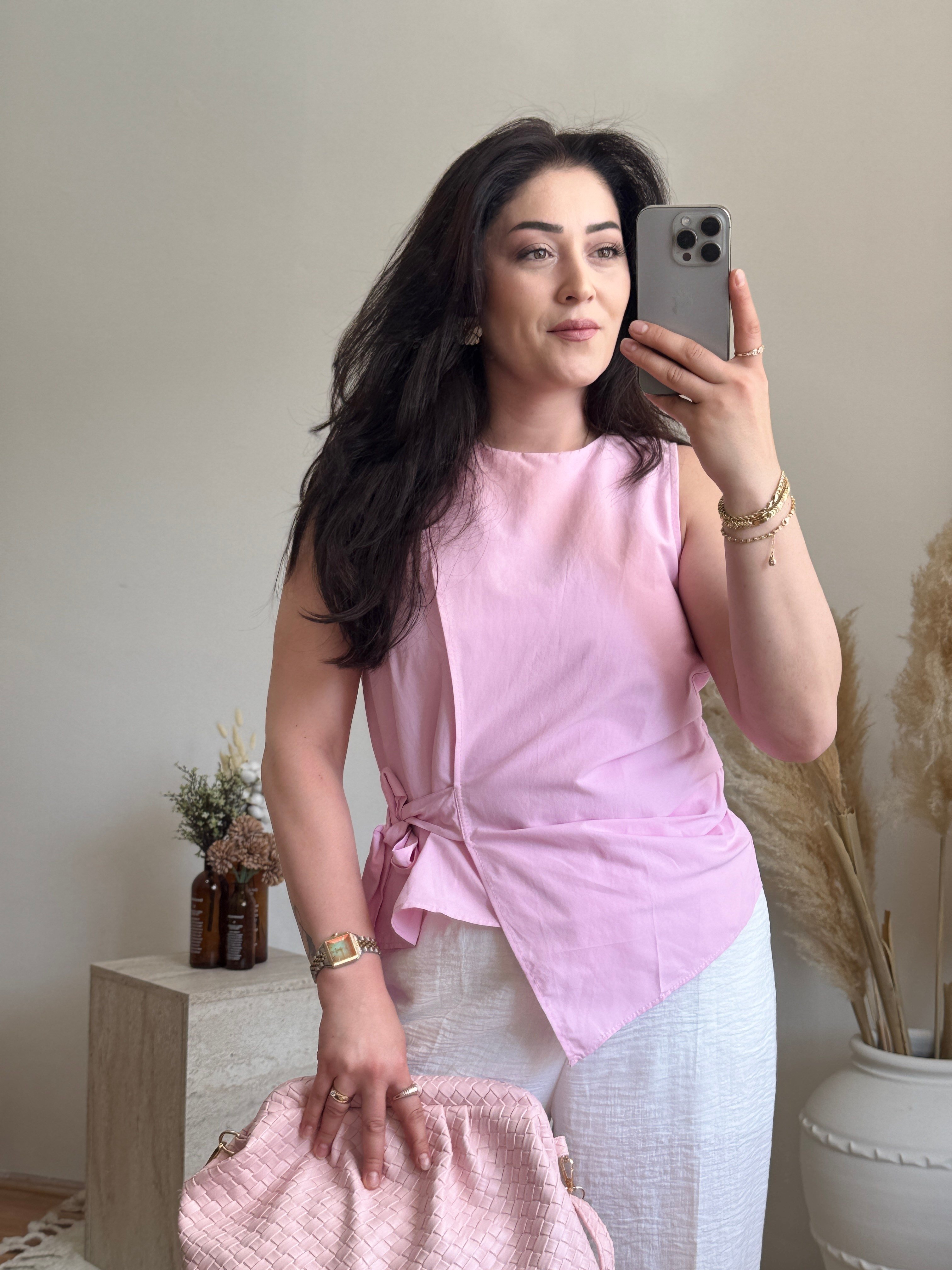 Poplin Bağlama Detaylı Bluz-Pembe