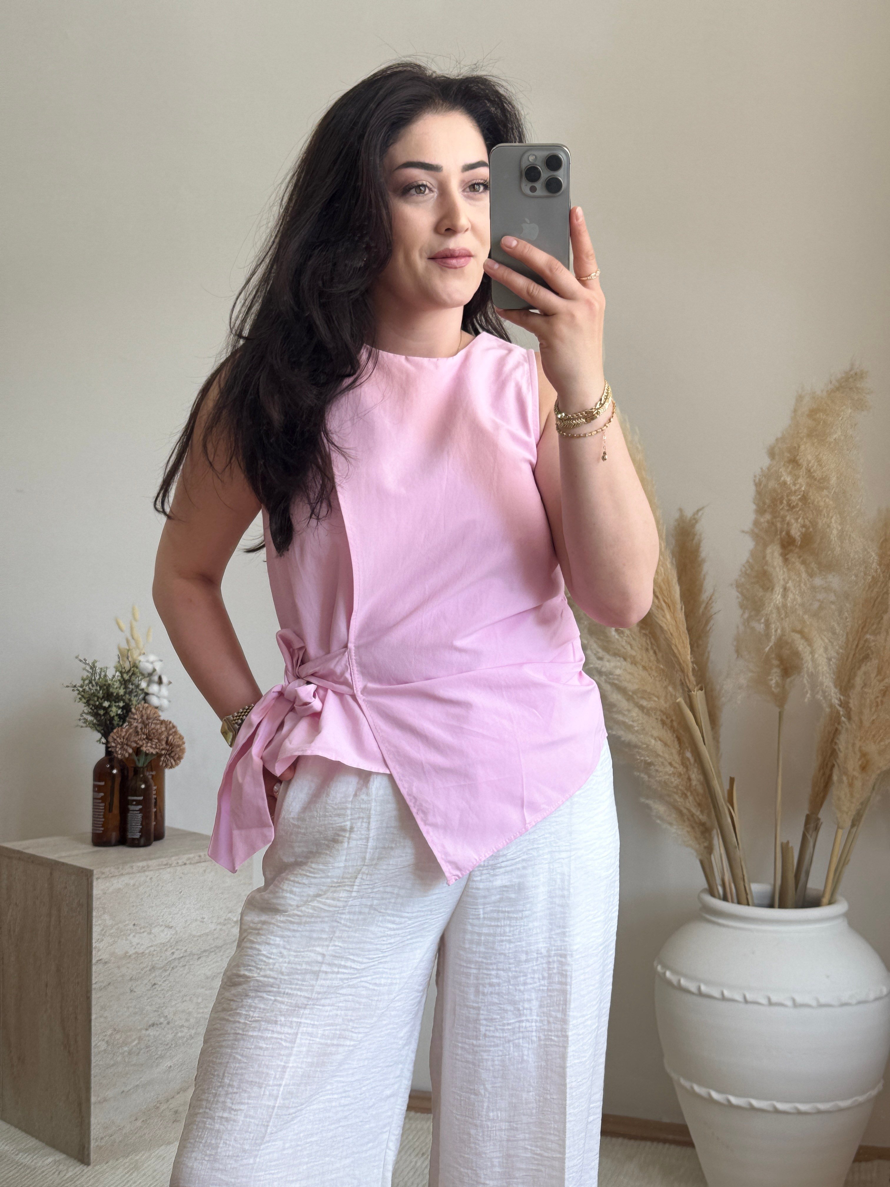 Poplin Bağlama Detaylı Bluz-Pembe