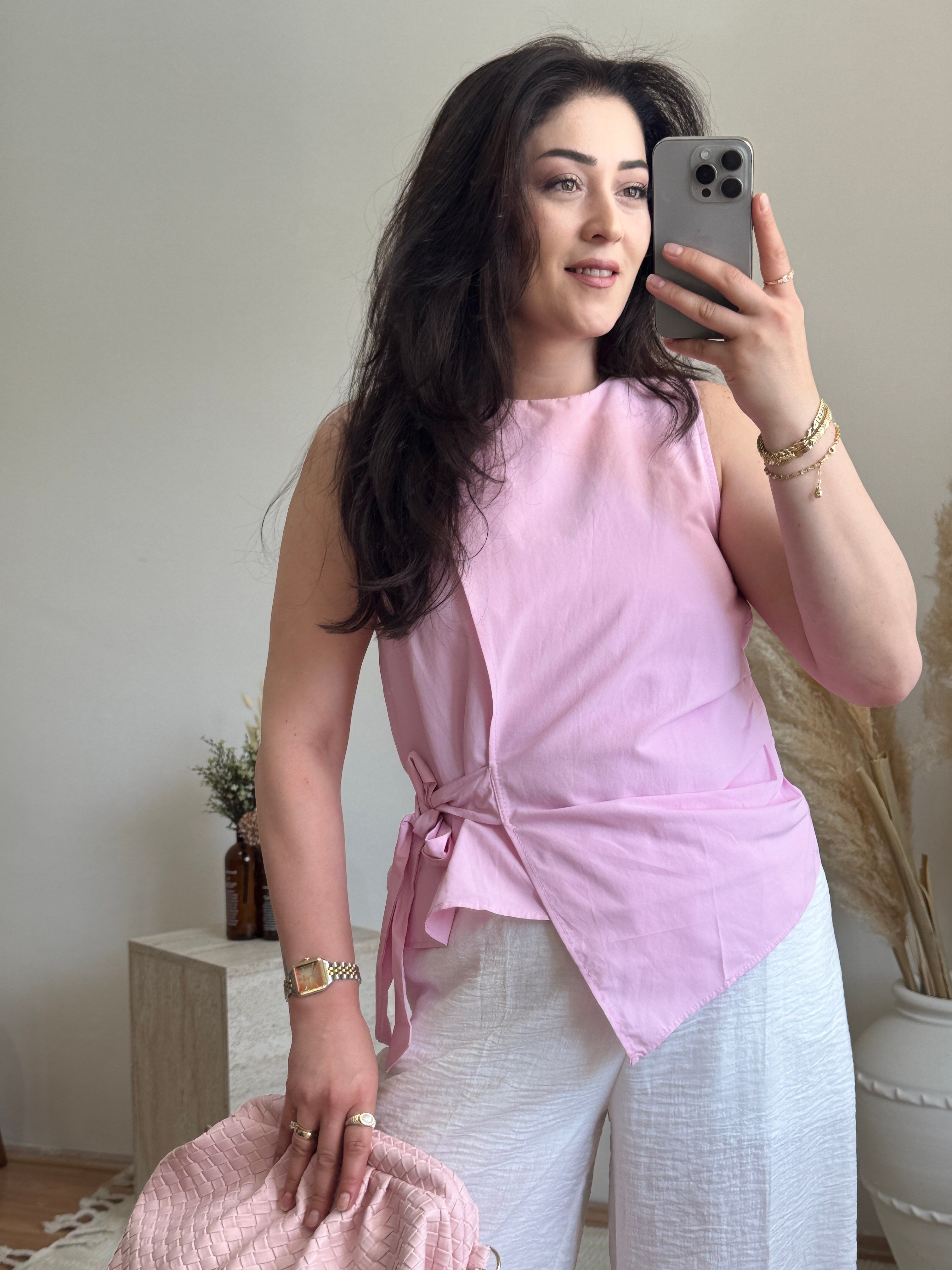 Poplin Bağlama Detaylı Bluz-Pembe