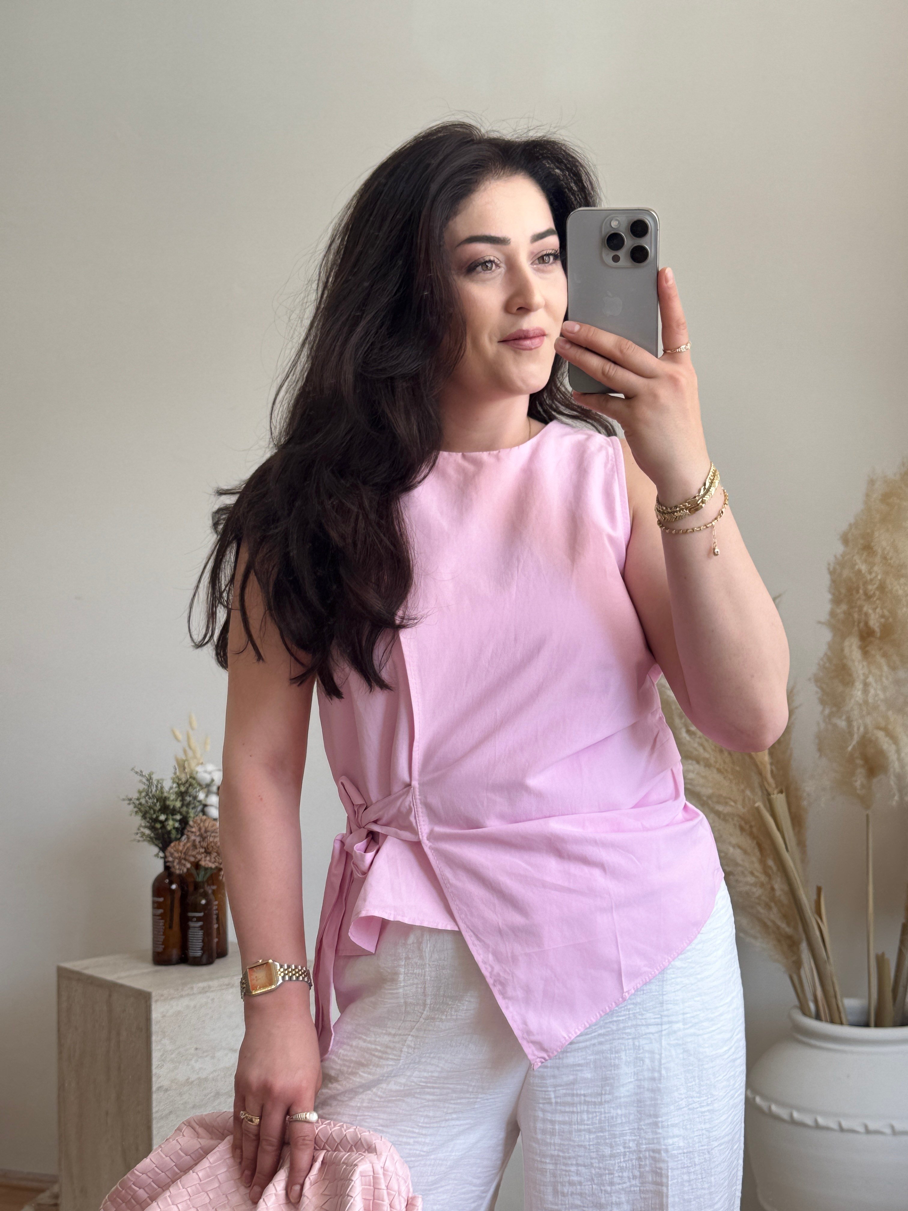 Poplin Bağlama Detaylı Bluz-Pembe