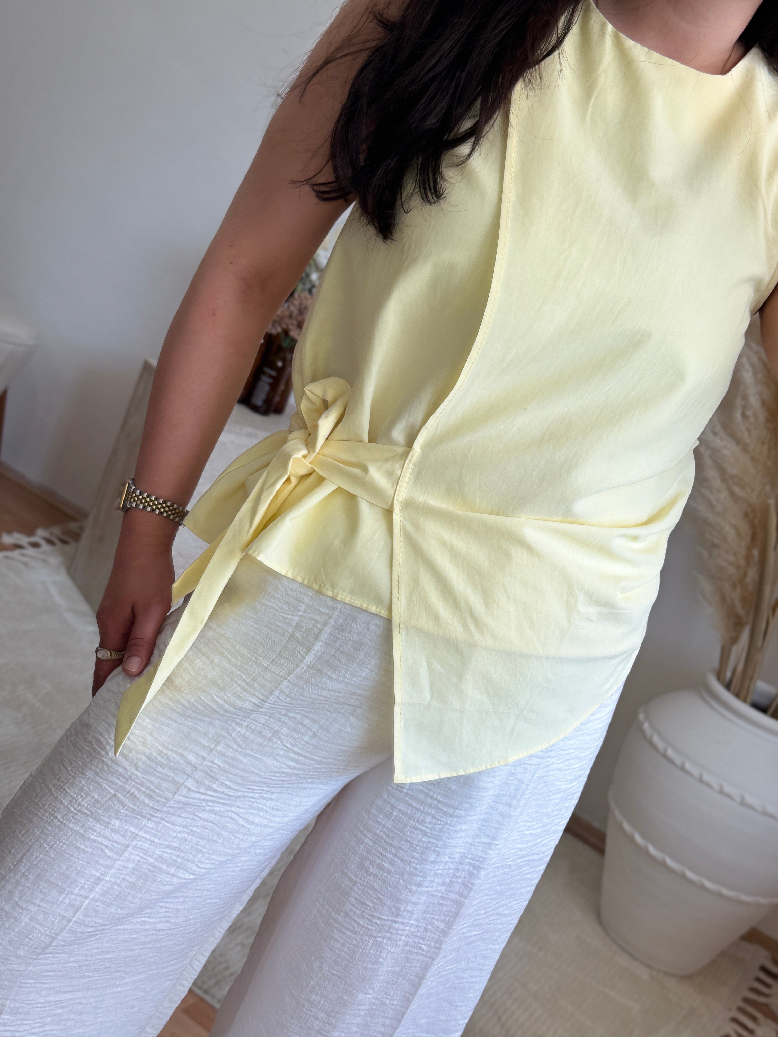 Poplin Bağlama Detaylı Bluz-Sarı
