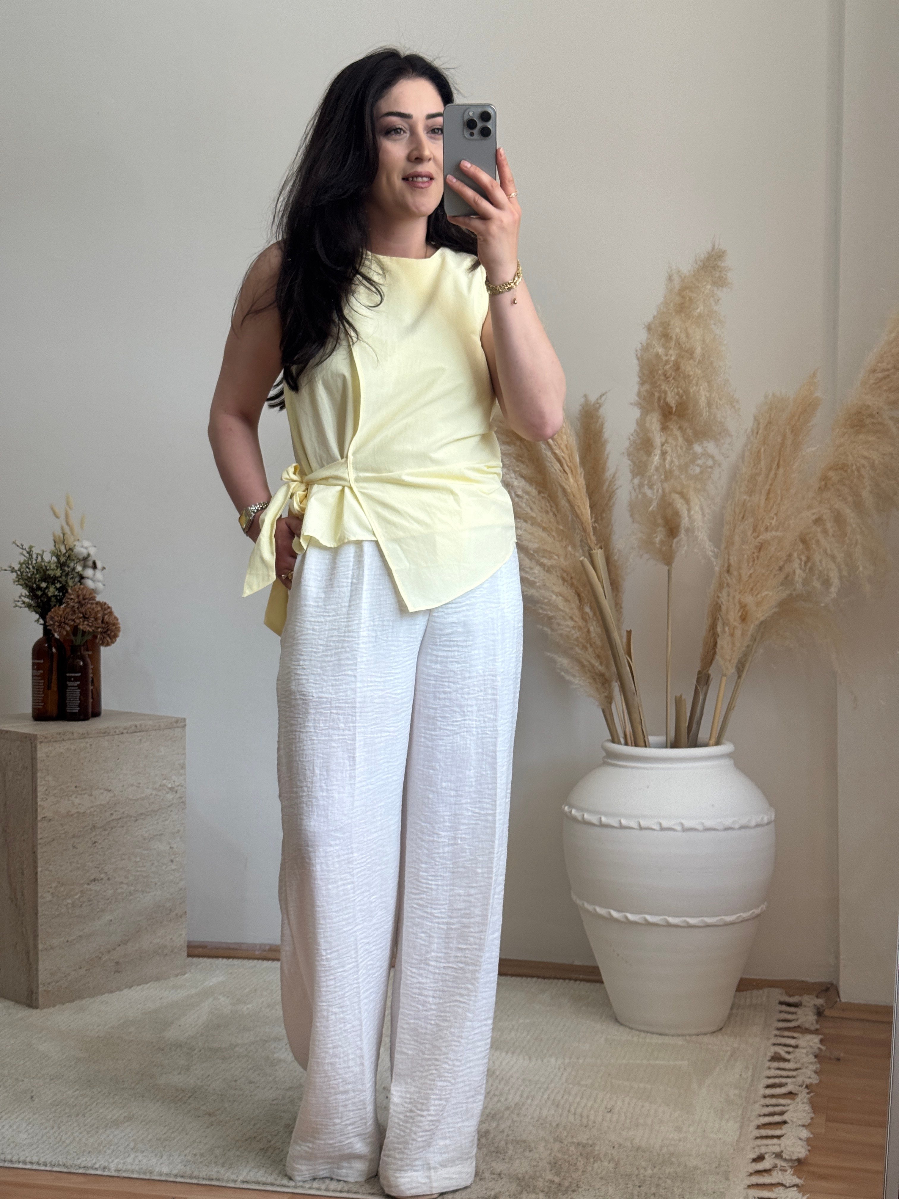 Poplin Bağlama Detaylı Bluz-Sarı