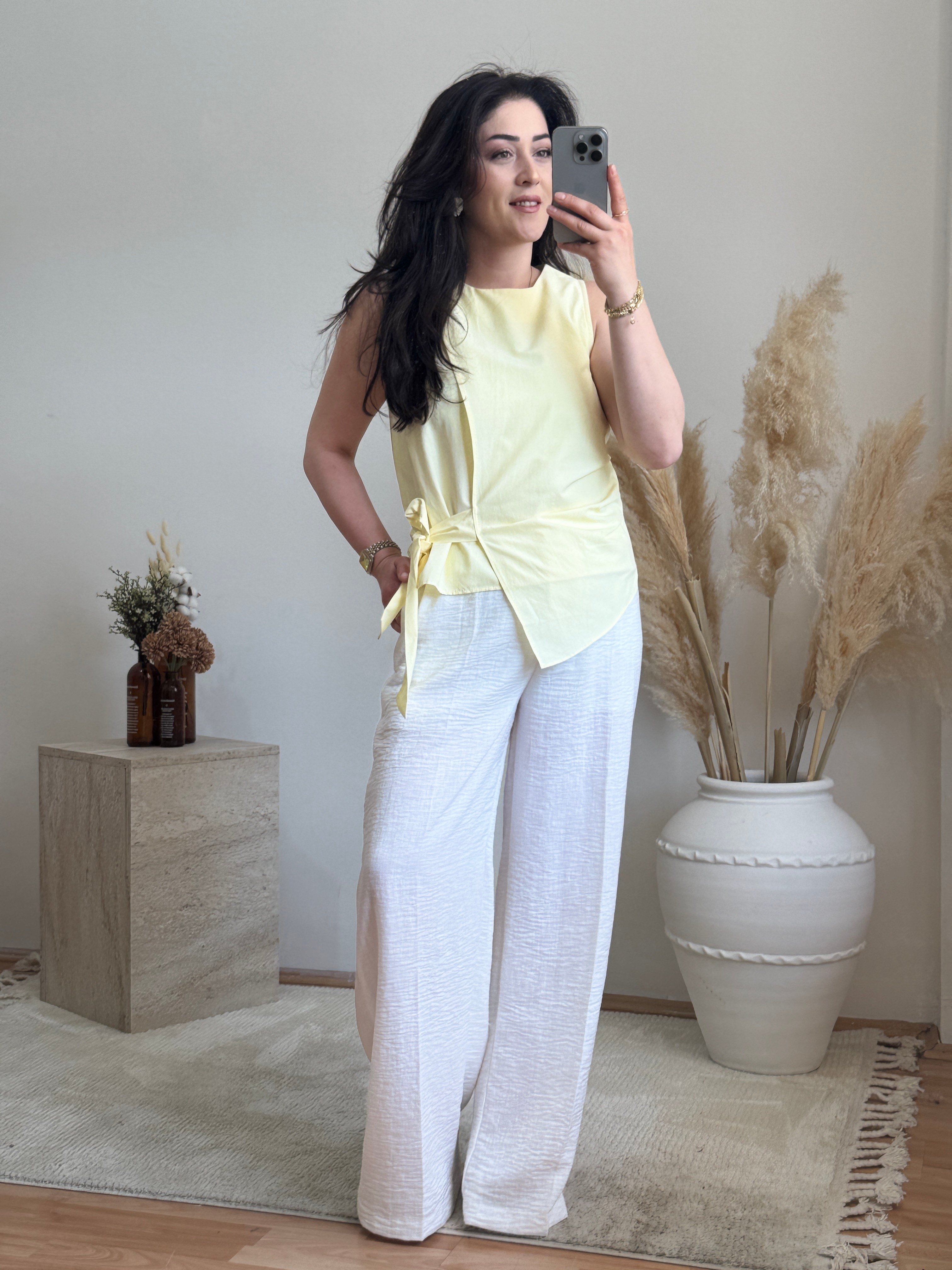 Poplin Bağlama Detaylı Bluz-Sarı