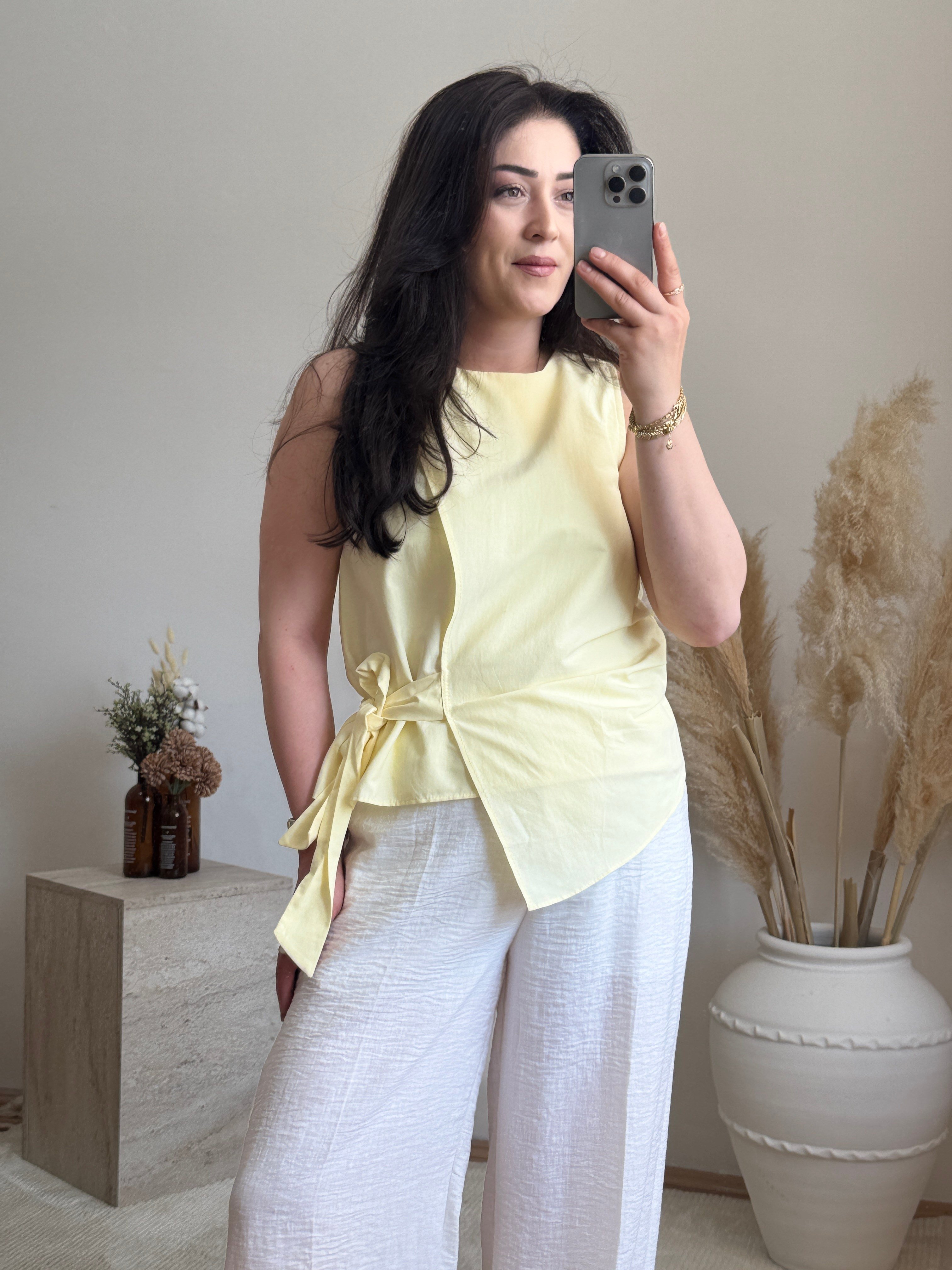 Poplin Bağlama Detaylı Bluz-Sarı