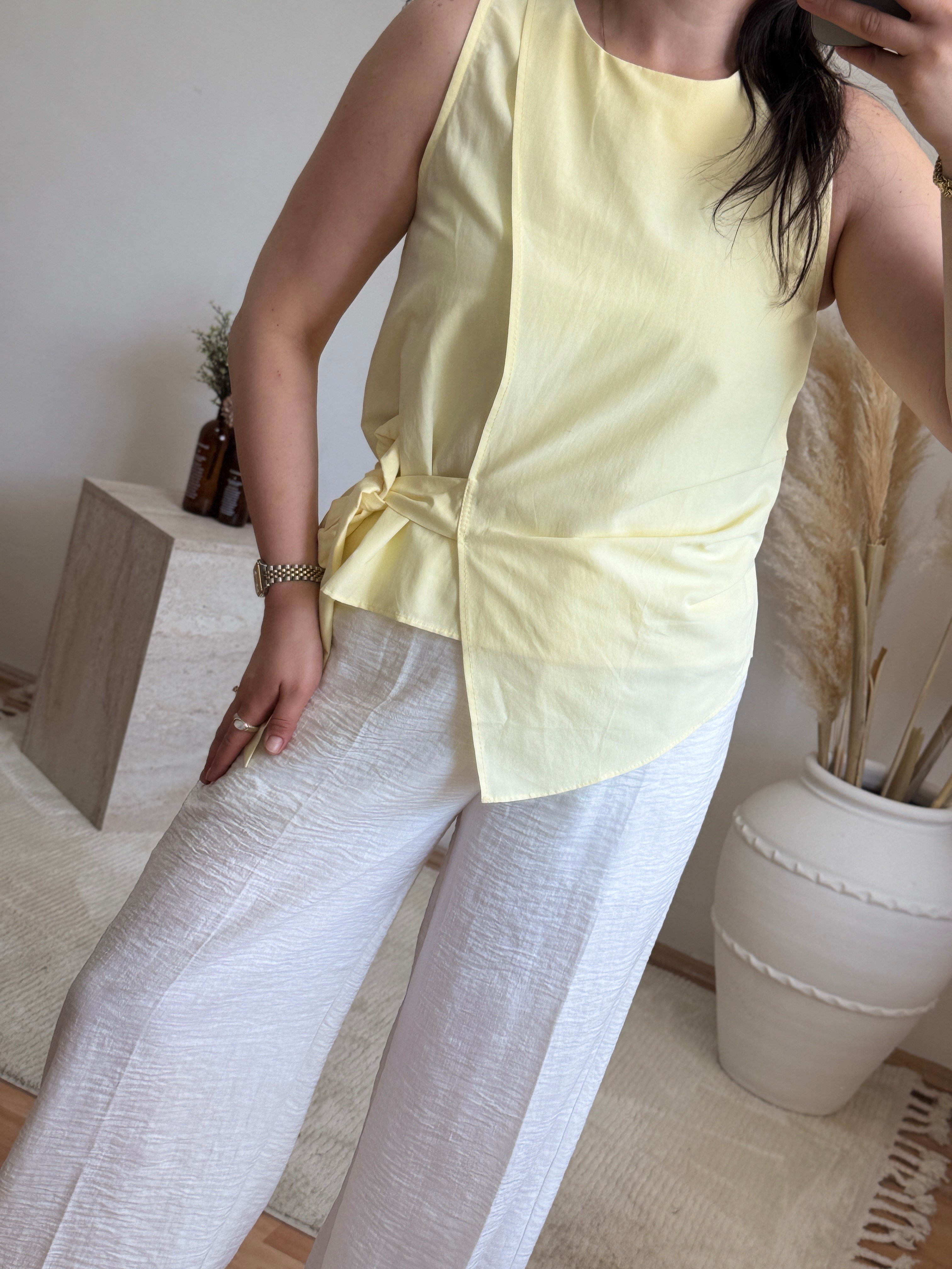 Poplin Bağlama Detaylı Bluz-Sarı