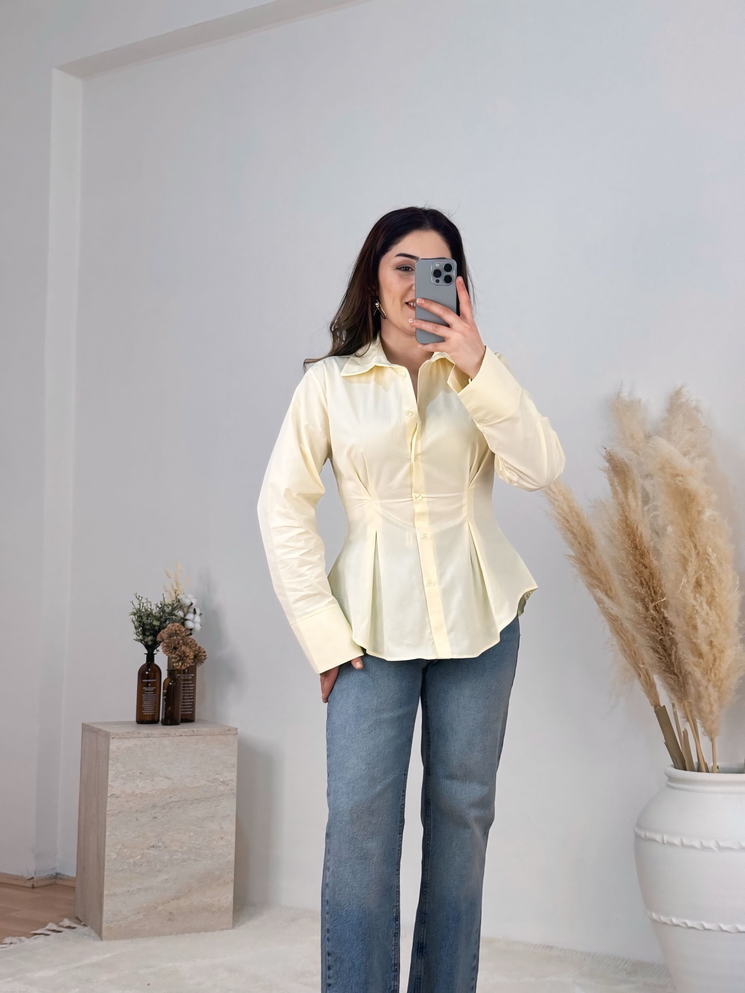 Poplin Bel Oturtmalı Pile Detaylı Gömlek-Sarı