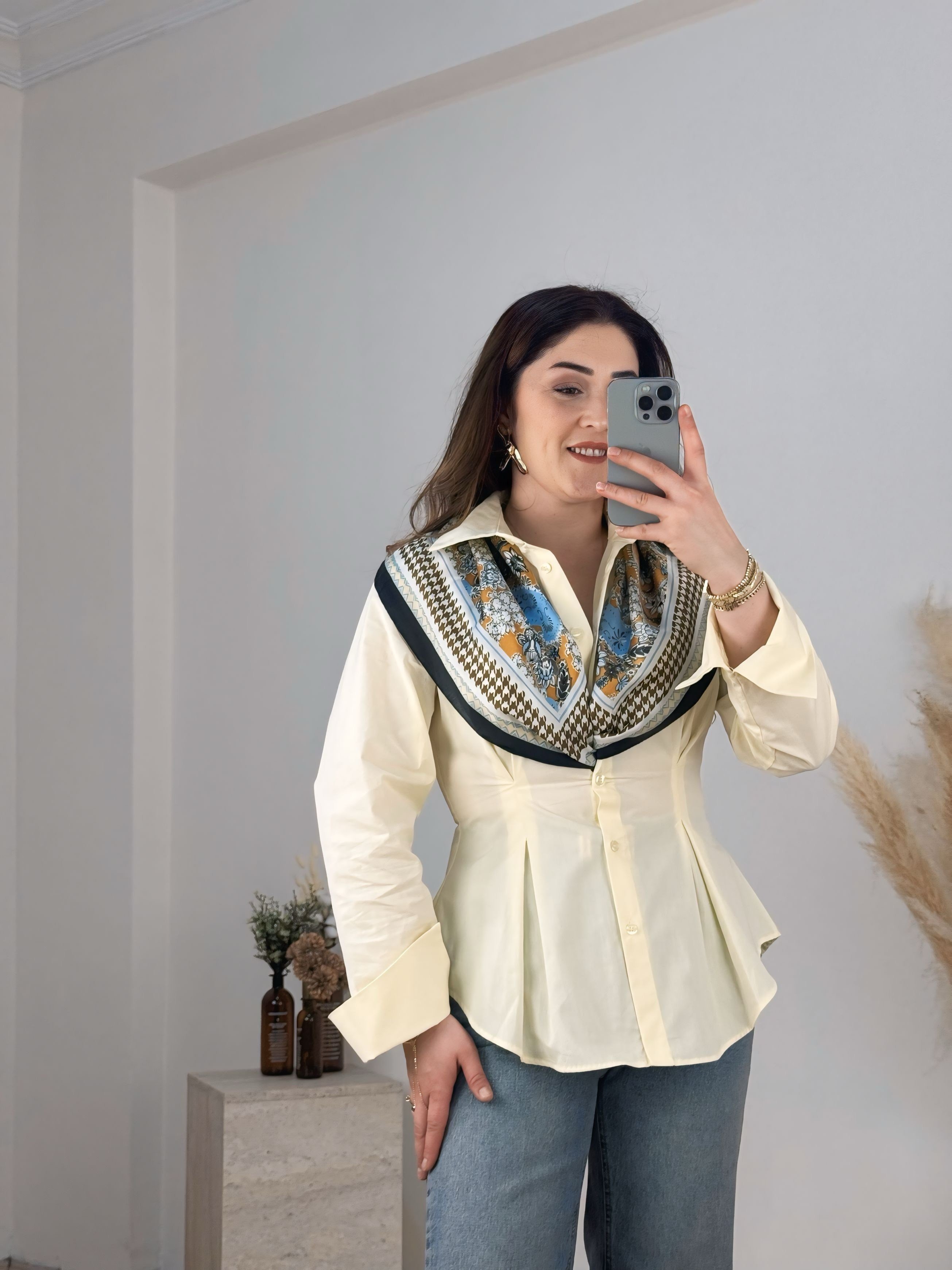 Poplin Bel Oturtmalı Pile Detaylı Gömlek-Sarı