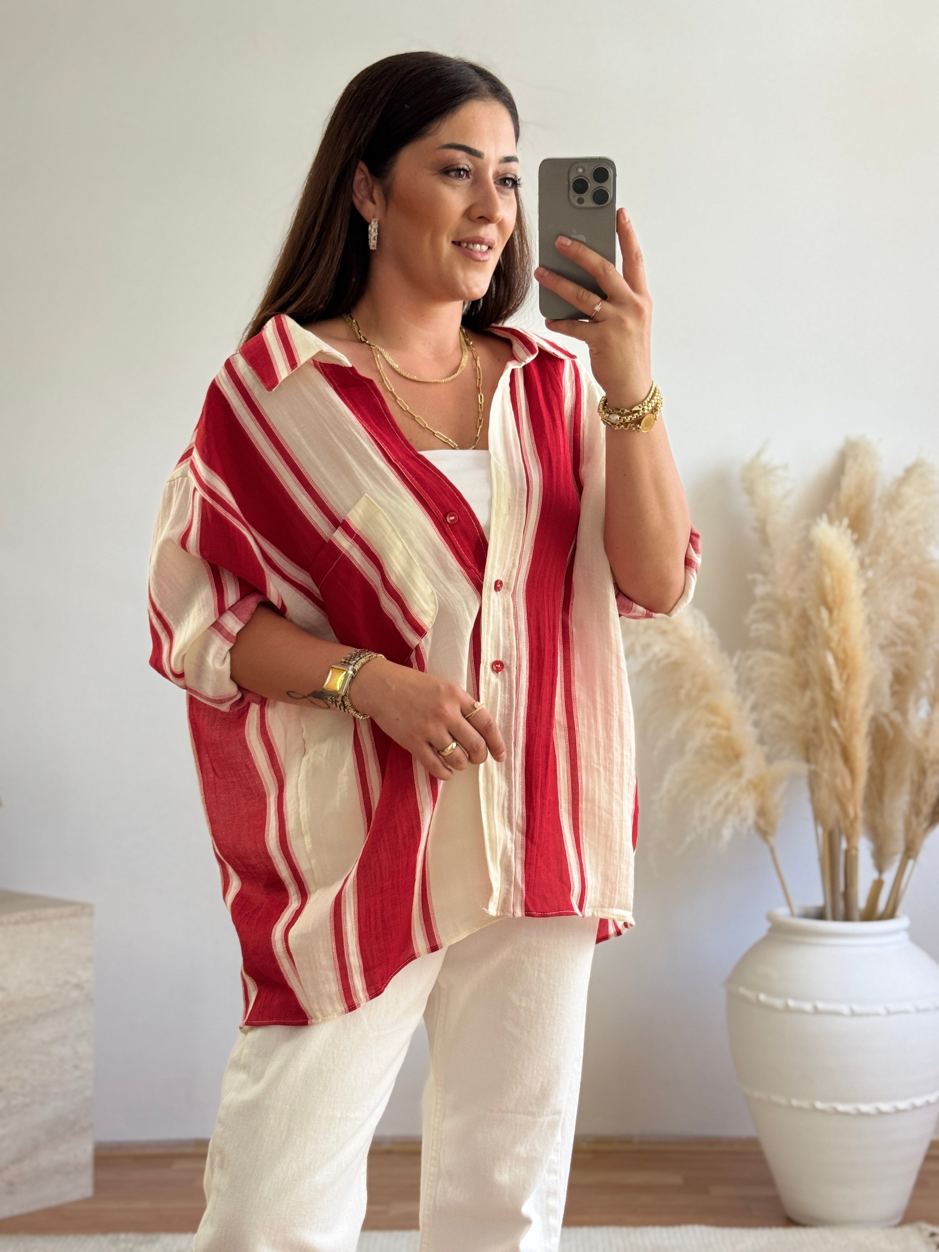 Premium Oversize Çizgili Gömlek-Kırmızı