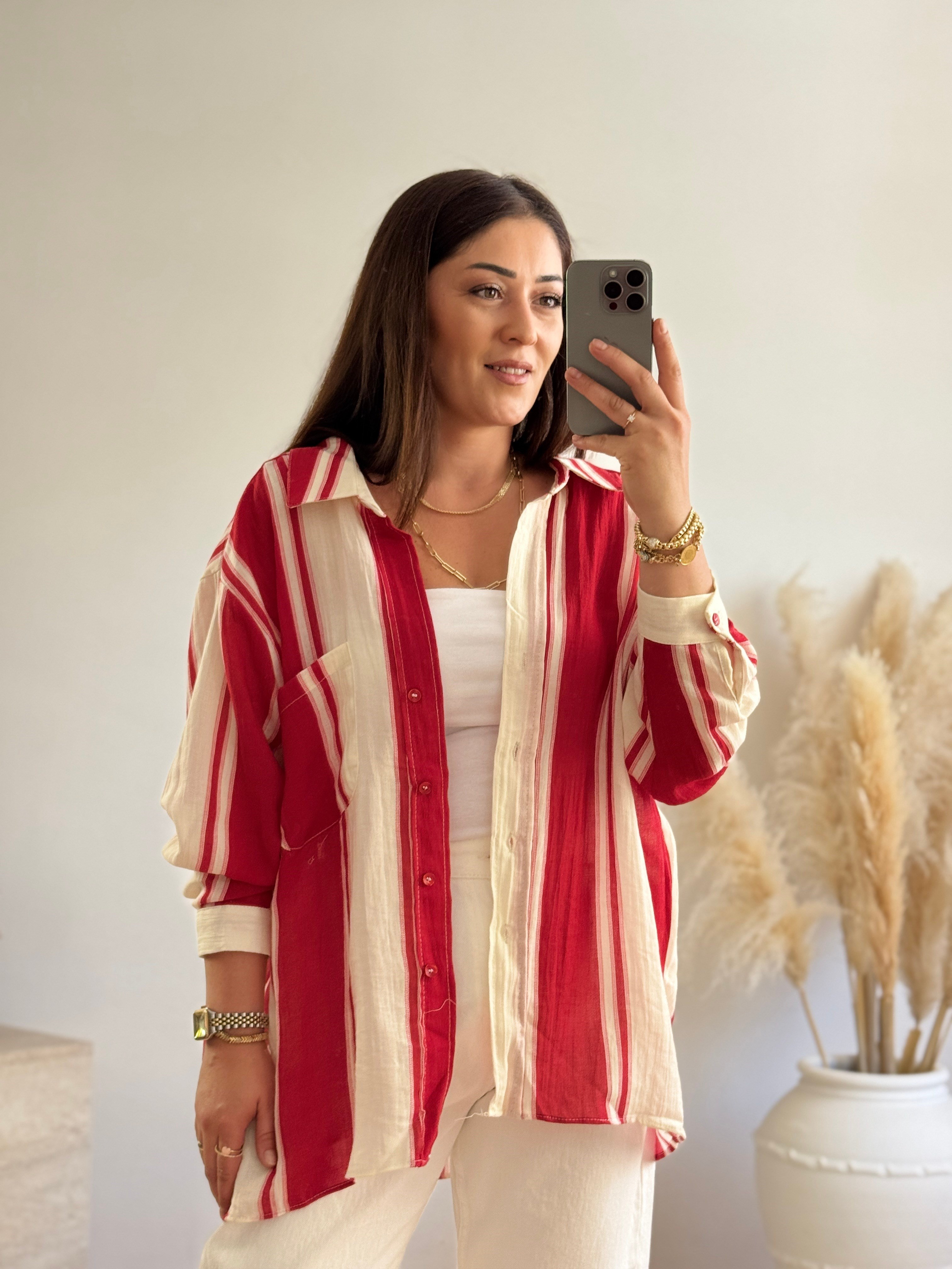 Premium Oversize Çizgili Gömlek-Kırmızı