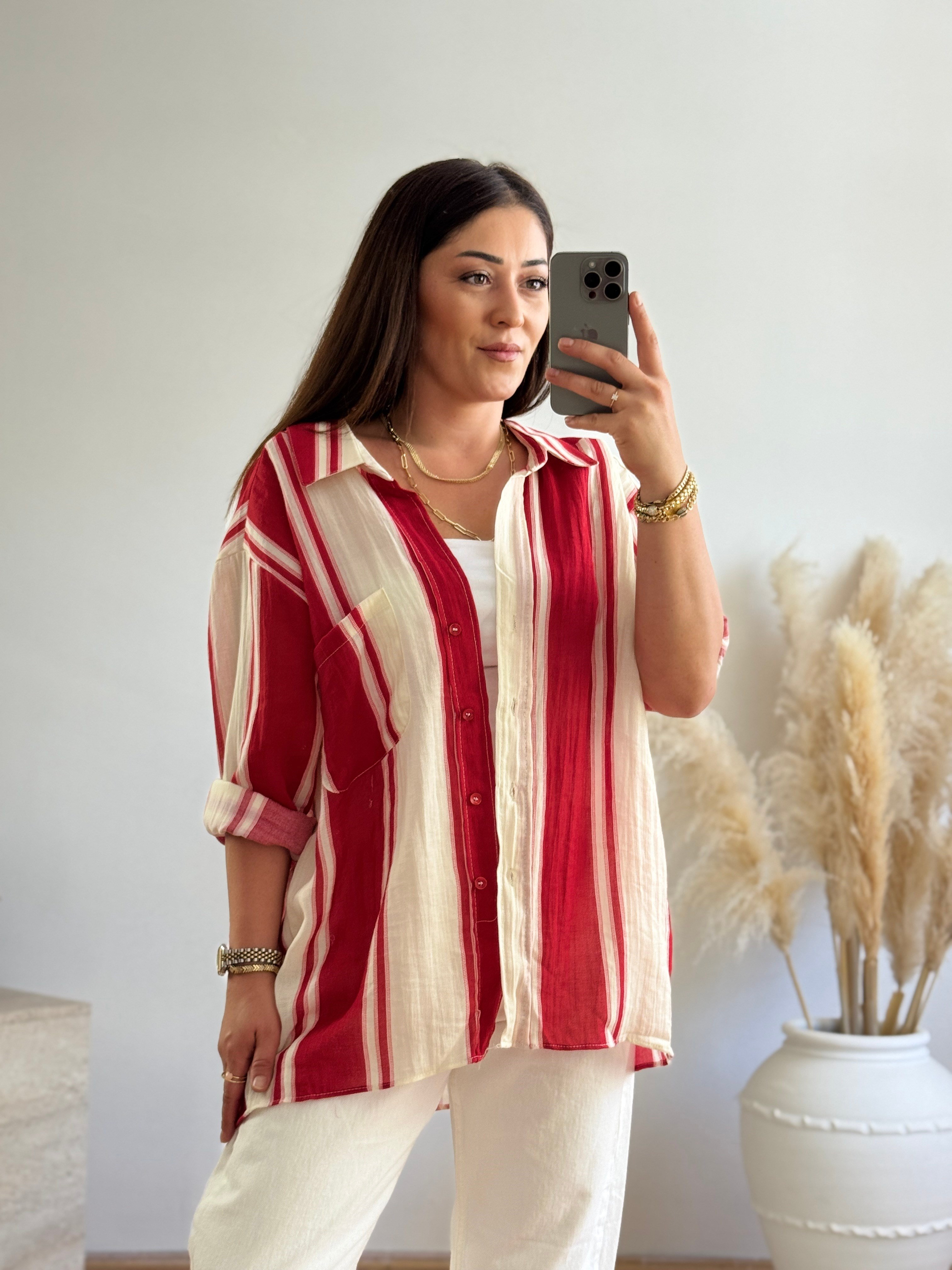 Premium Oversize Çizgili Gömlek-Kırmızı