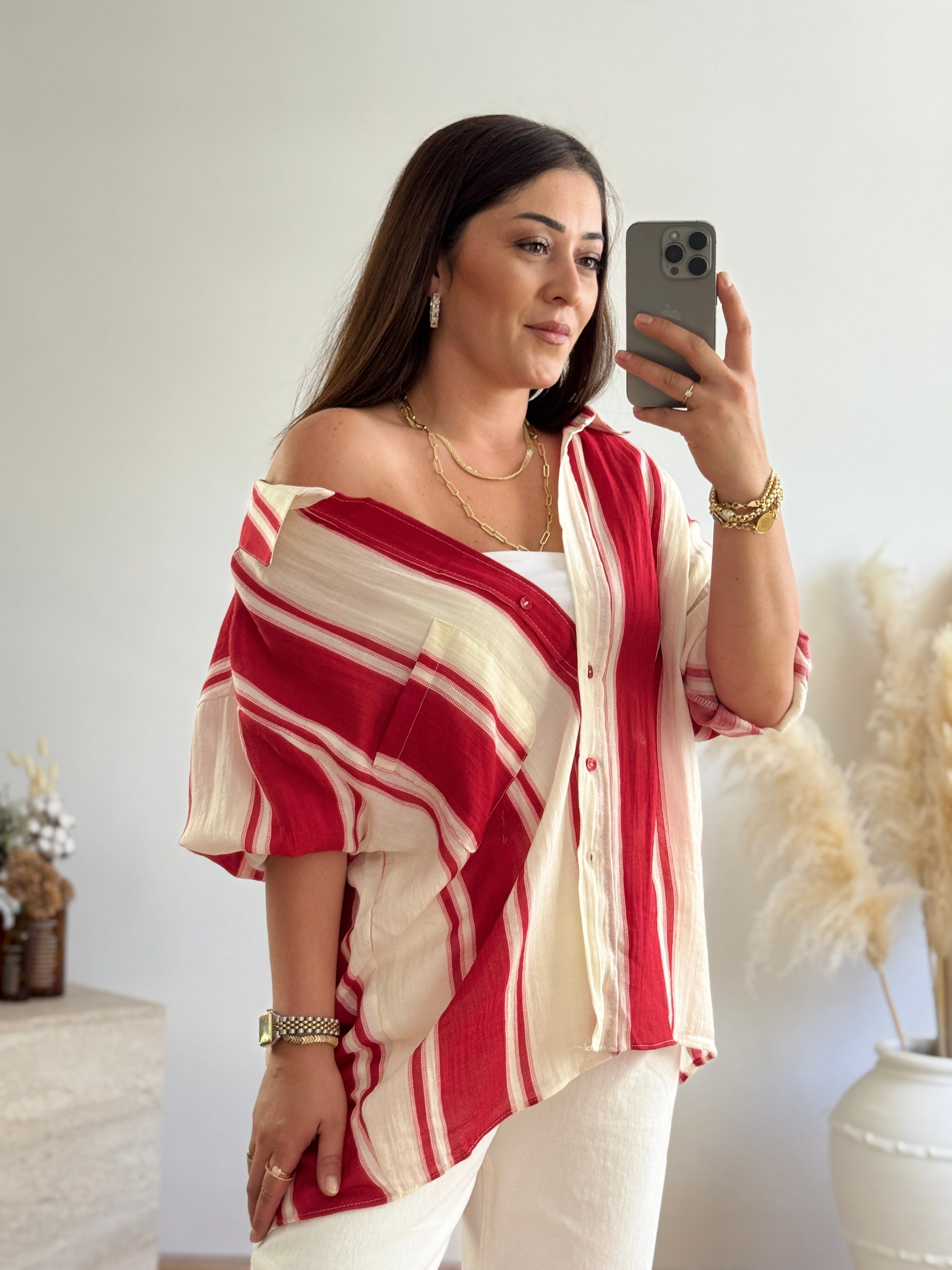 Premium Oversize Çizgili Gömlek-Kırmızı