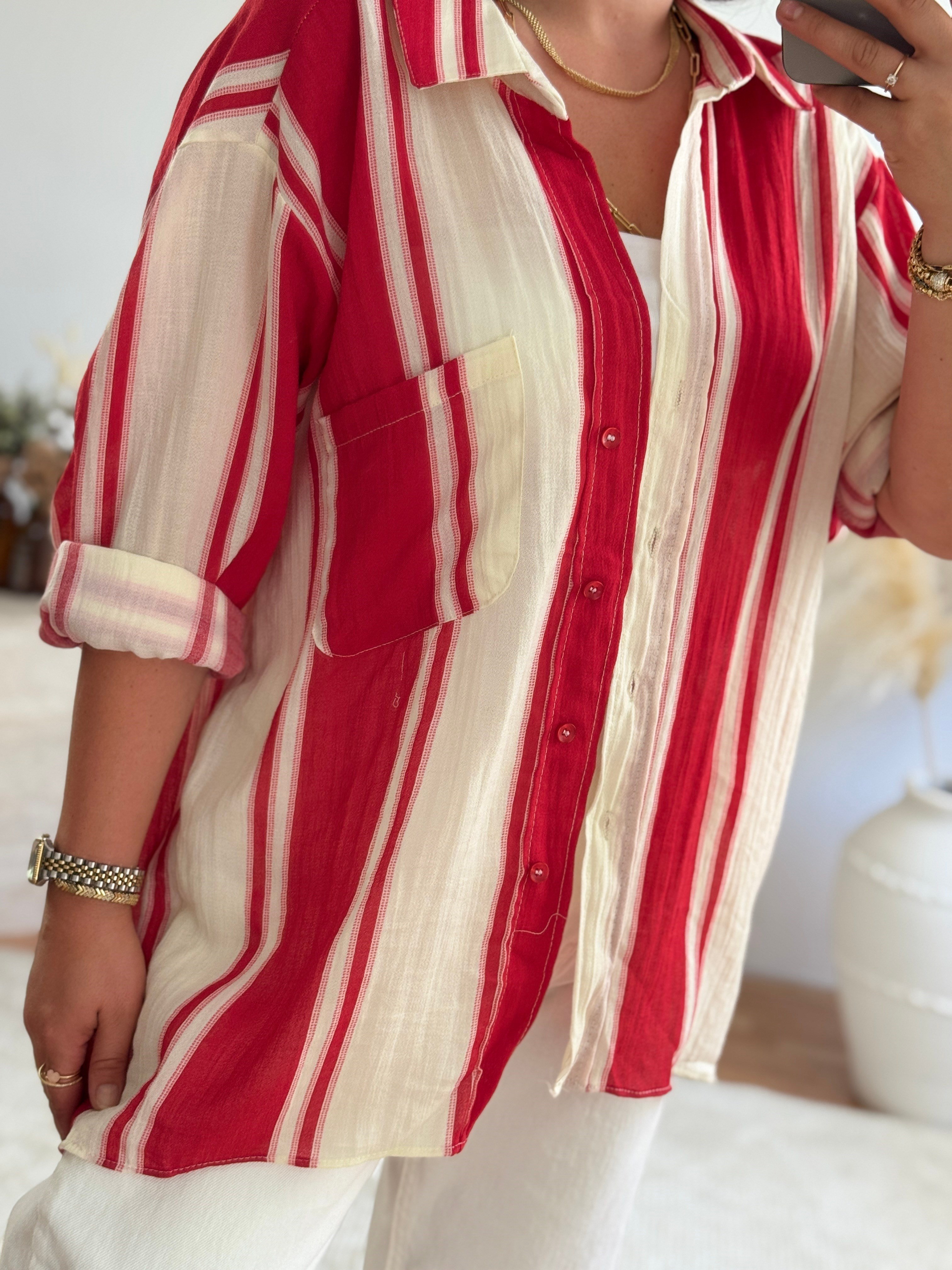Premium Oversize Çizgili Gömlek-Kırmızı