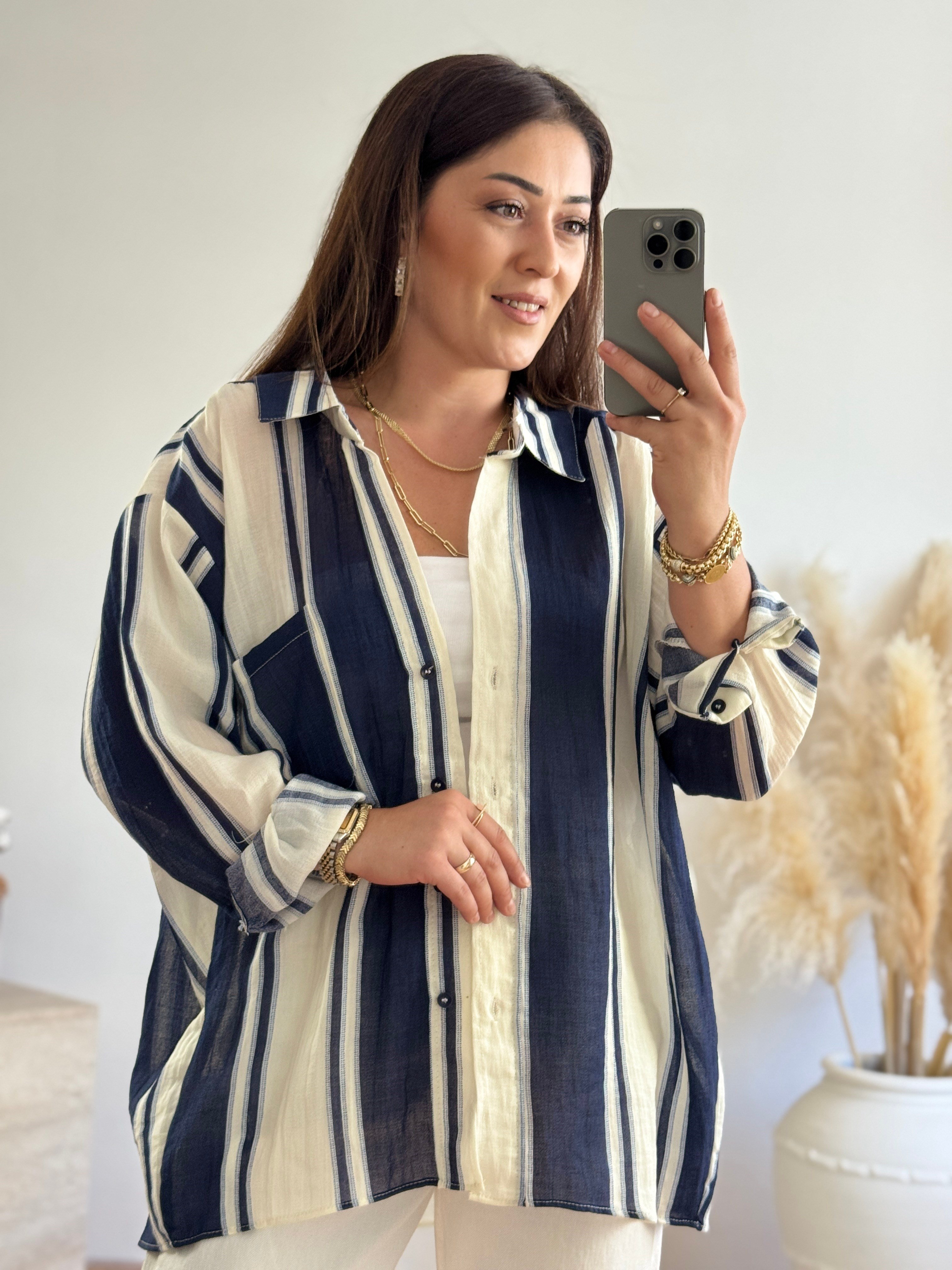 Premium Oversize Çizgili Gömlek-Lacivert