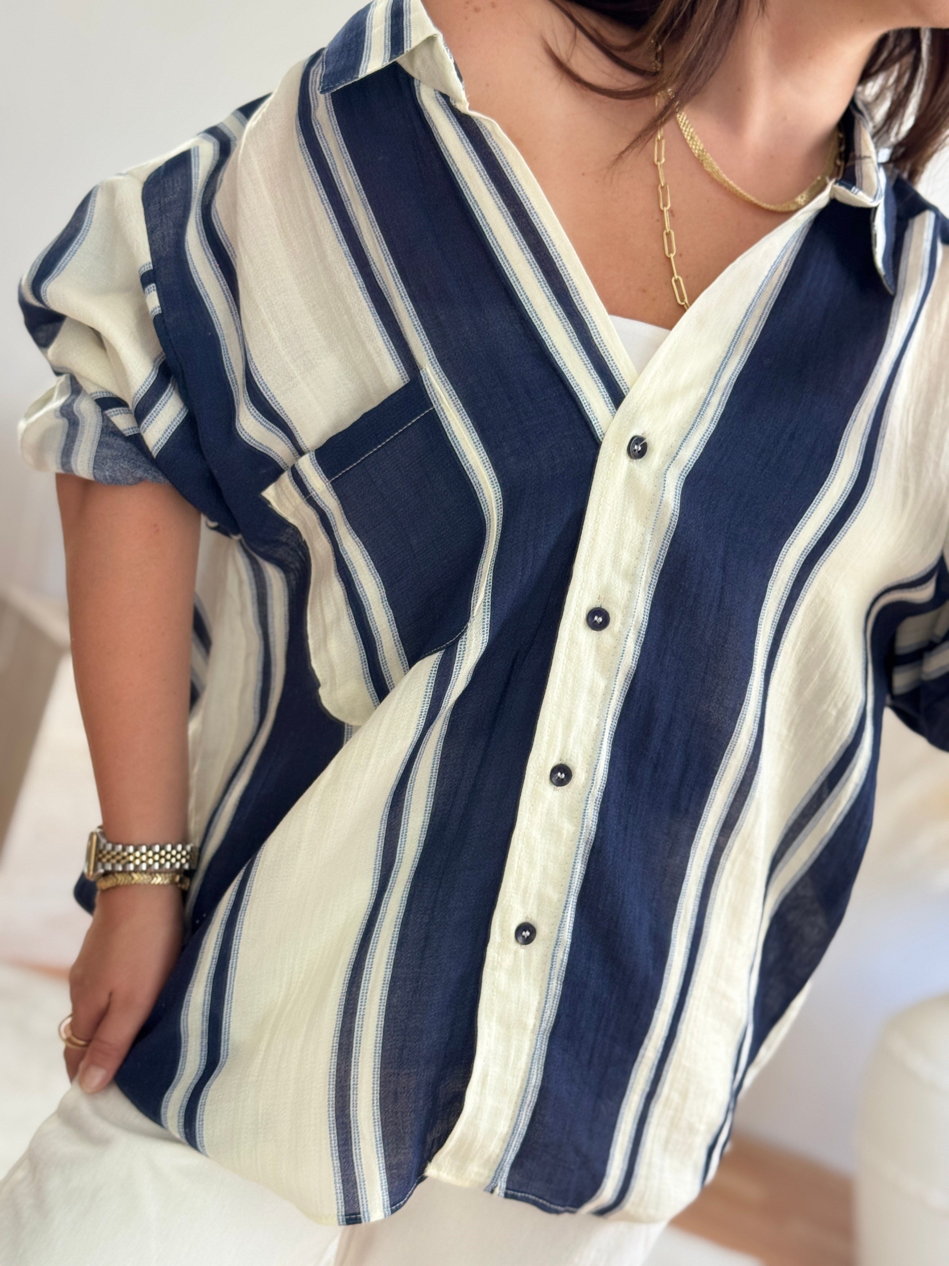 Premium Oversize Çizgili Gömlek-Lacivert